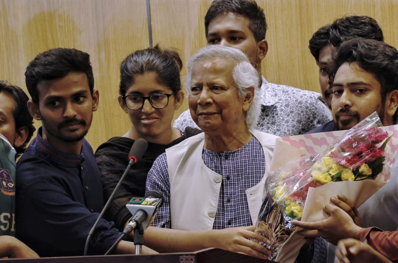 Nobel laureate Muhammad Yunus, who was recommended by Bangladeshi student leaders as the head of the interim government in Bangladesh, arrives at the Hazarat Shahjalal International Airport, in Dhaka