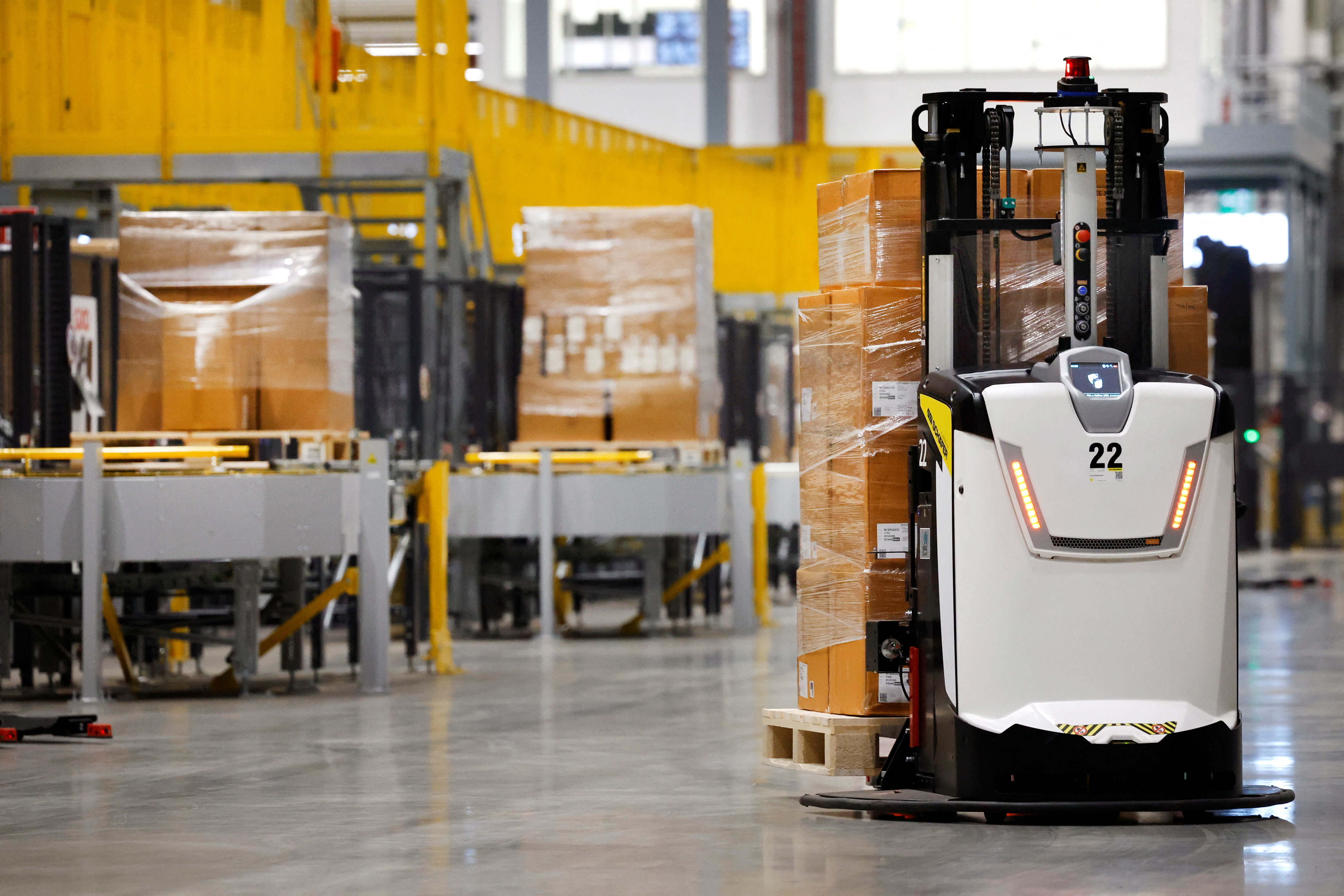 An autonomous guided vehicle is seen at Primark's warehouse in Roosendaal