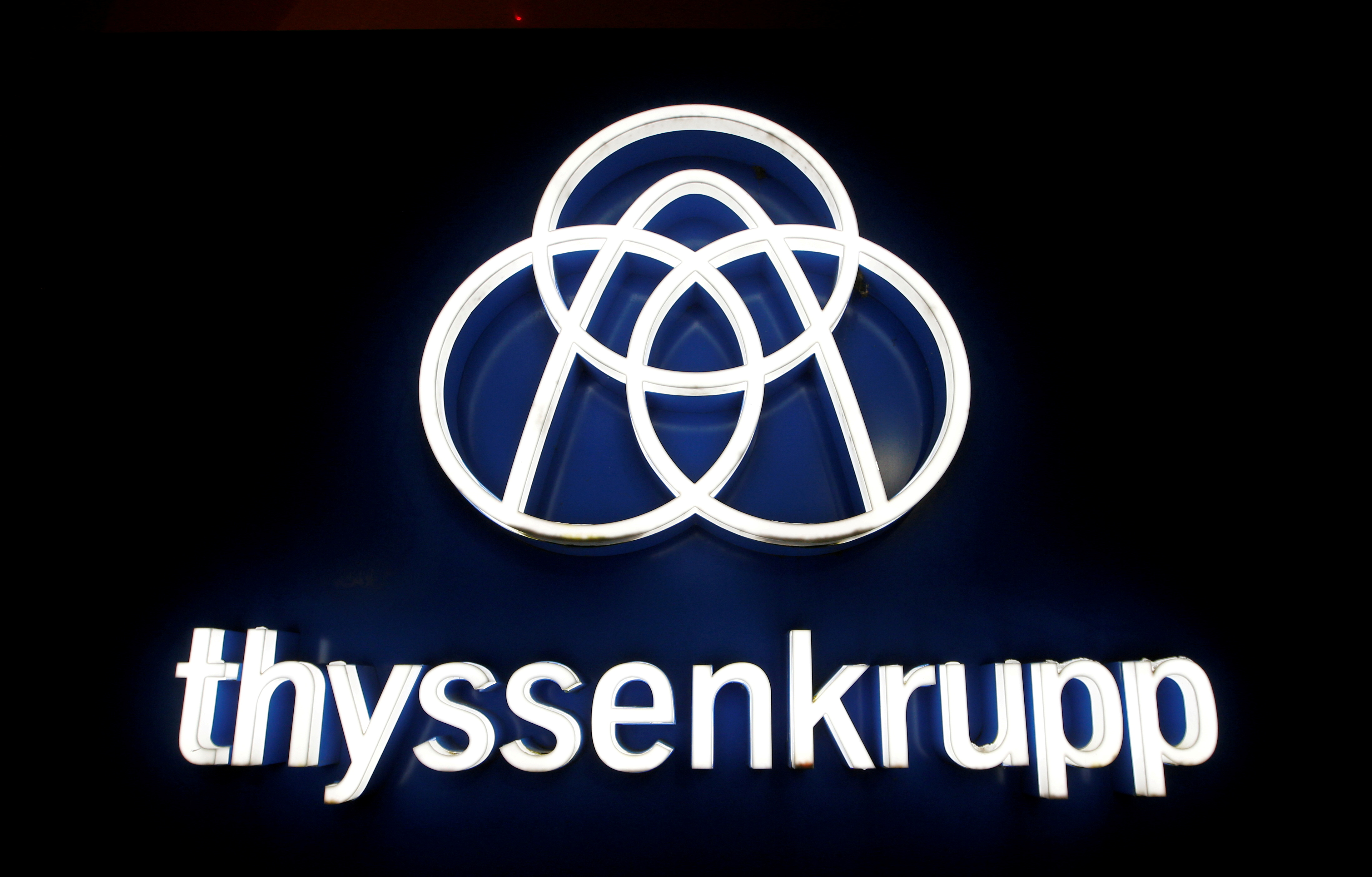Thyssenkrupp's logo is seen outside the elevator test tower in Rottweil, Germany, January 21, 2020.  REUTERS/Michaela Rehle