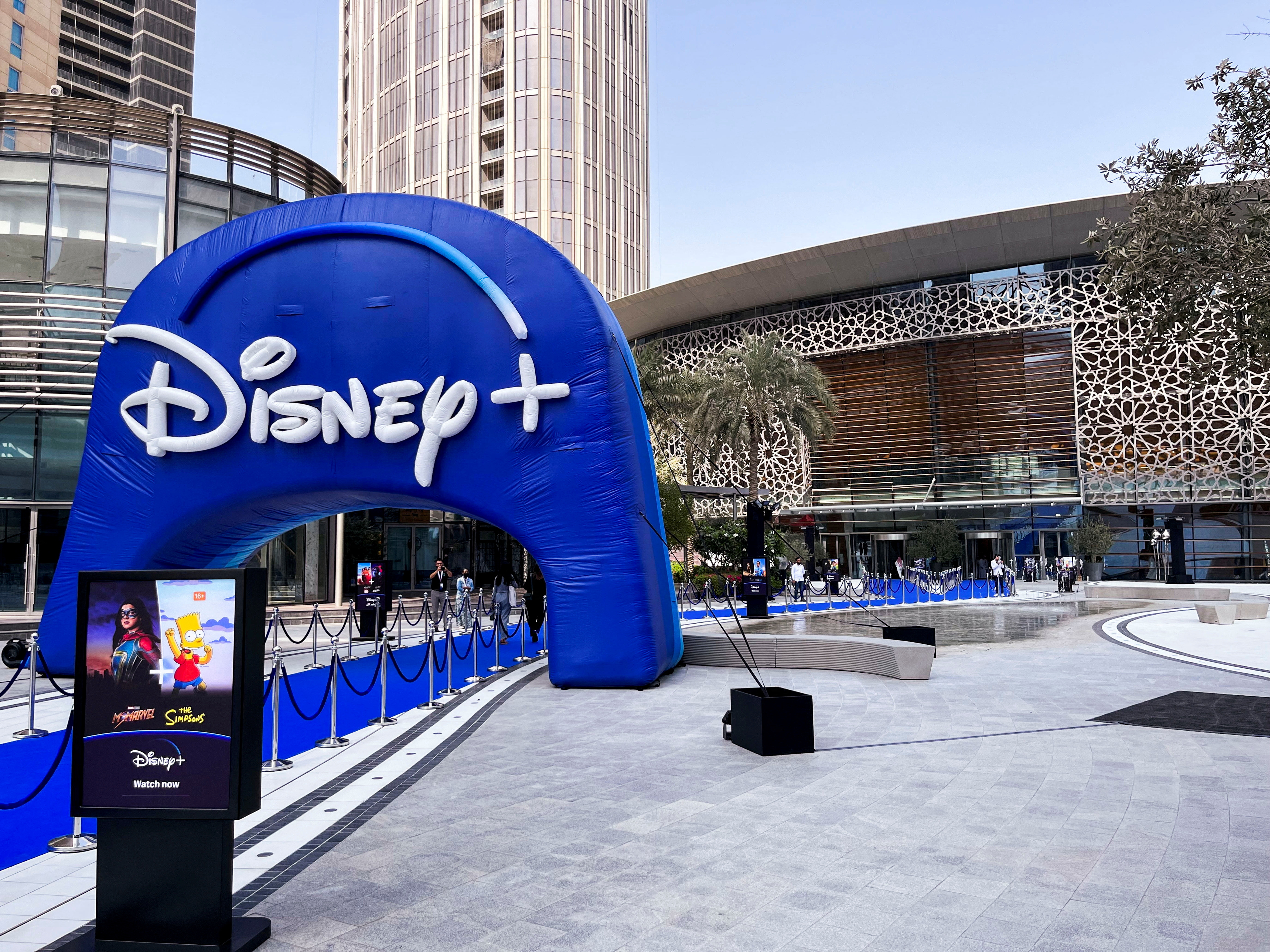 An inflatable Disney+ logo is pictured at a press event