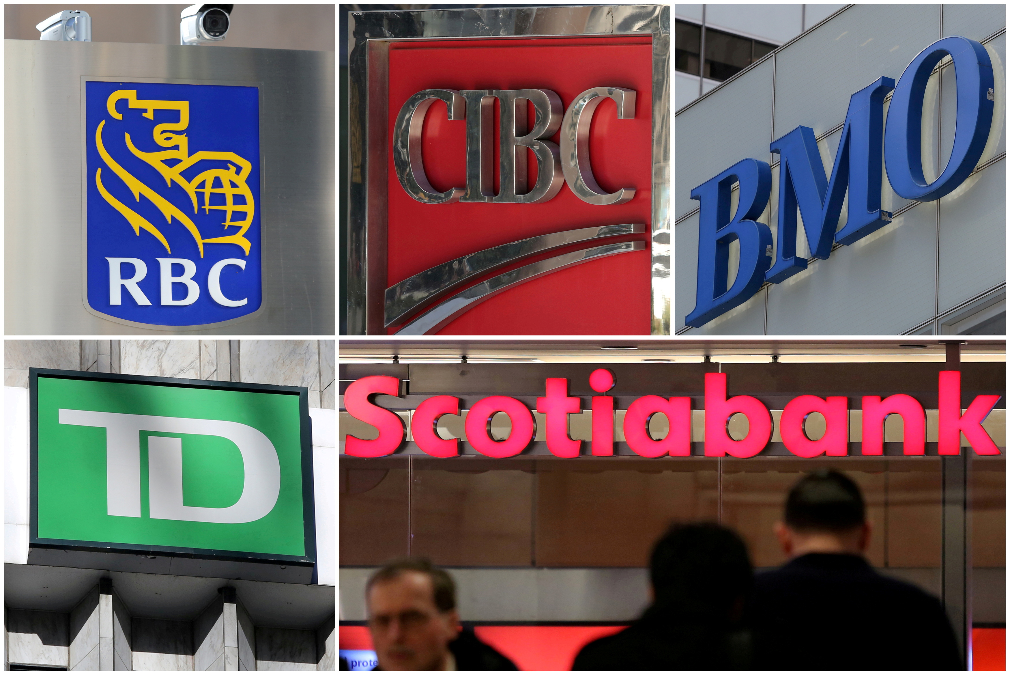 A combination photo shows Canadian investment banks RBC CIBC BMO TD and Scotiabank in Toronto