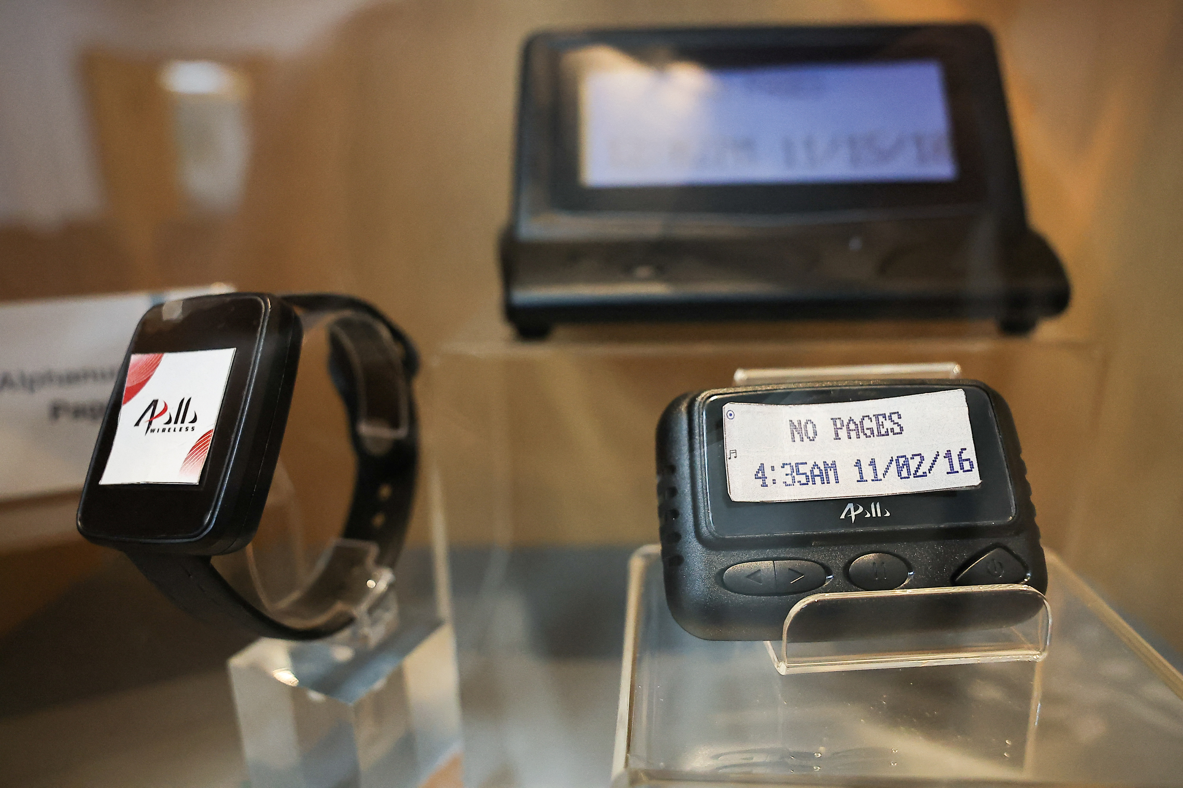 Pagers on display in a meeting room of Gold Apollo company in New Taipei City