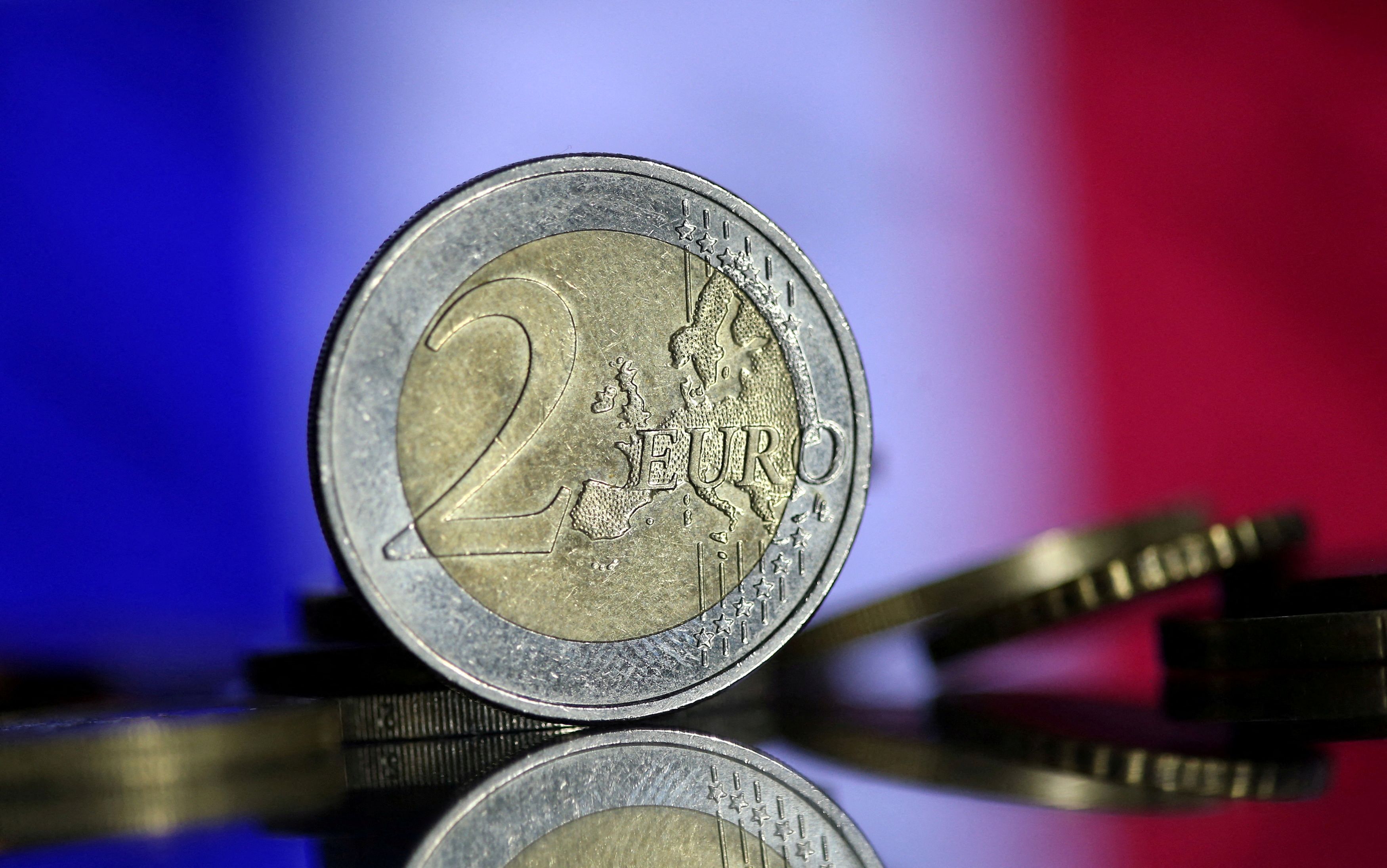 Euro coins are seen in front of displayed France flag in this picture illustration taken