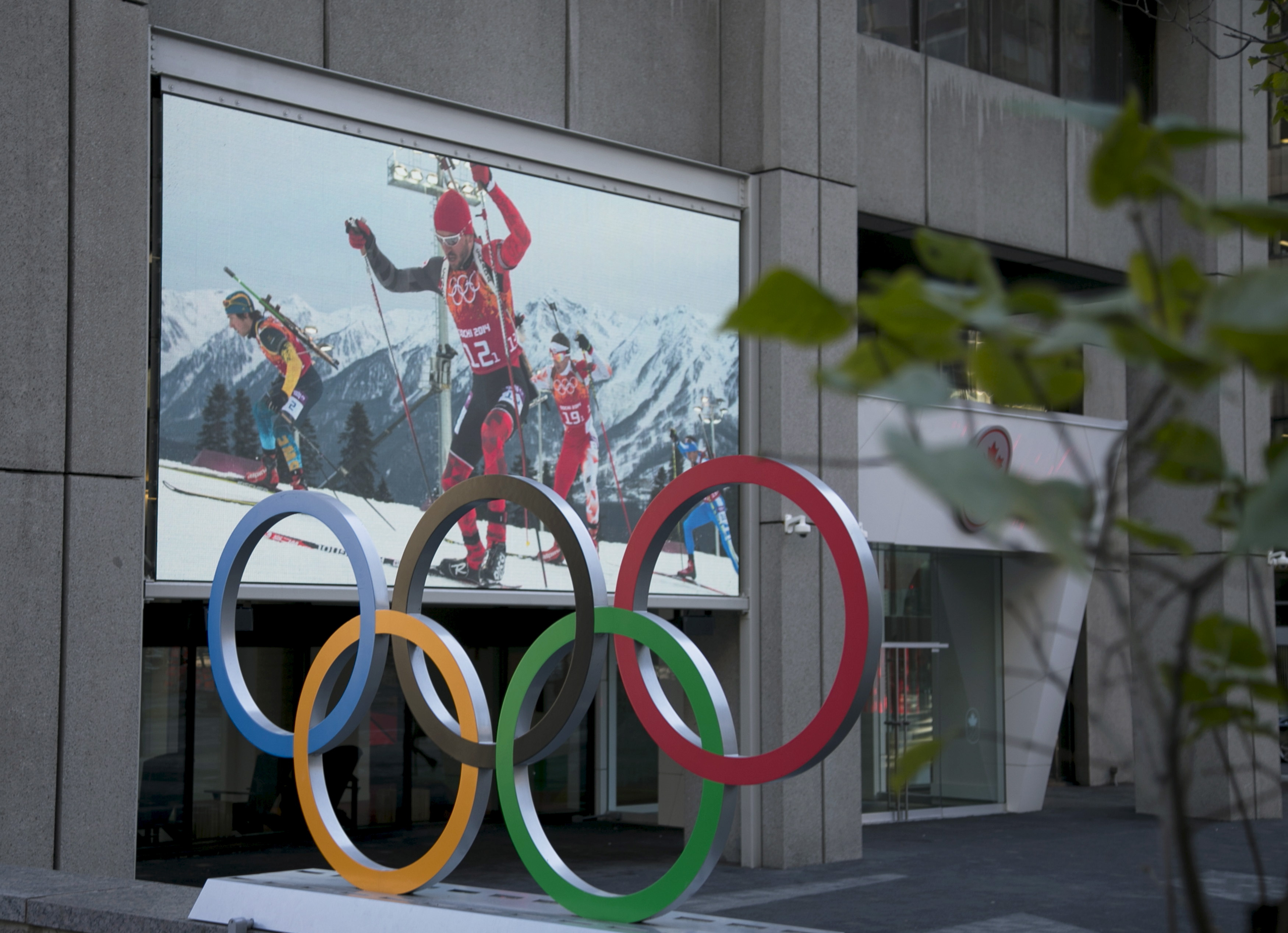 The Olympic rings seen displayed outside the headquarters for the Canadian Olympic Committee (COC) in Montreal