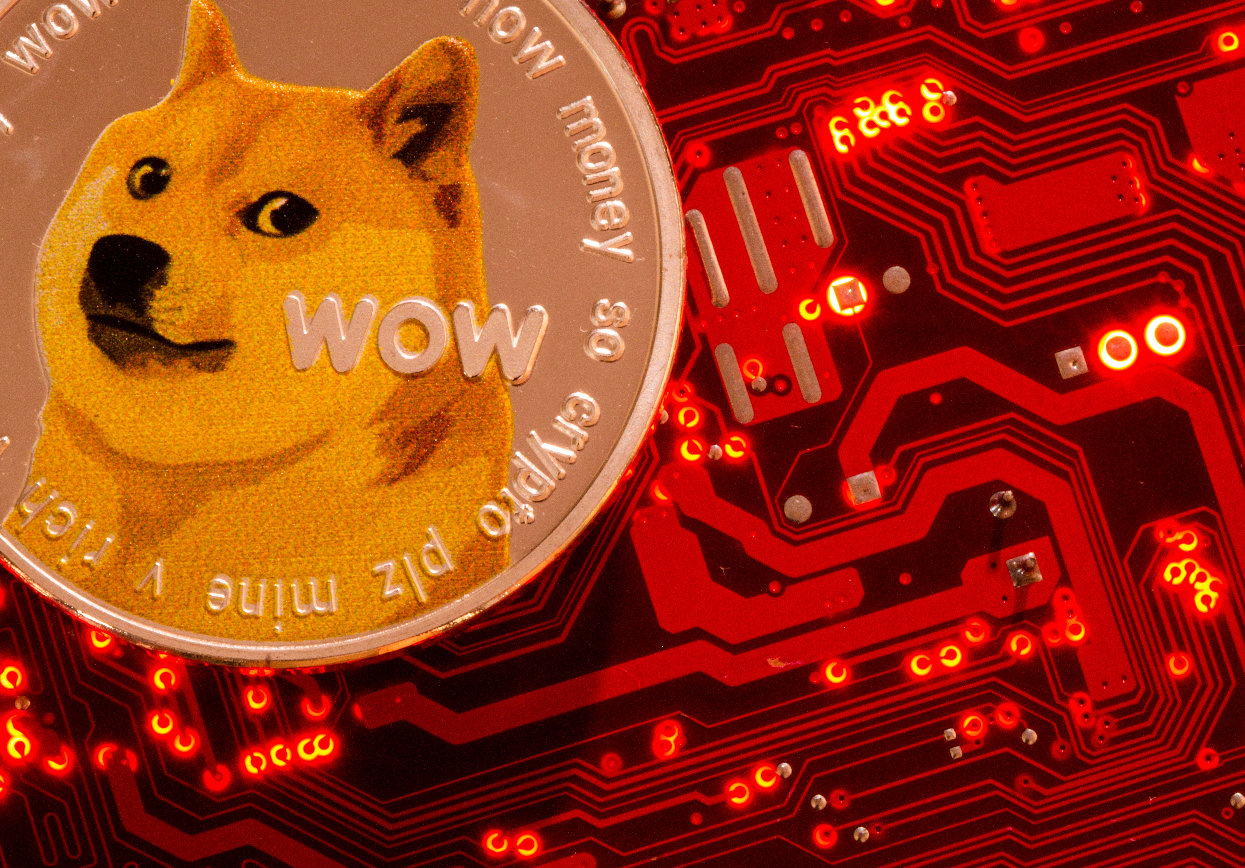 Representation of cryptocurrency Dogecoin is placed on PC motherboard in this illustration taken