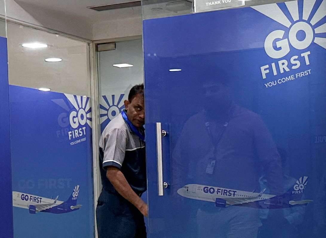 An employee is seen inside the Go First head office in Mumbai,