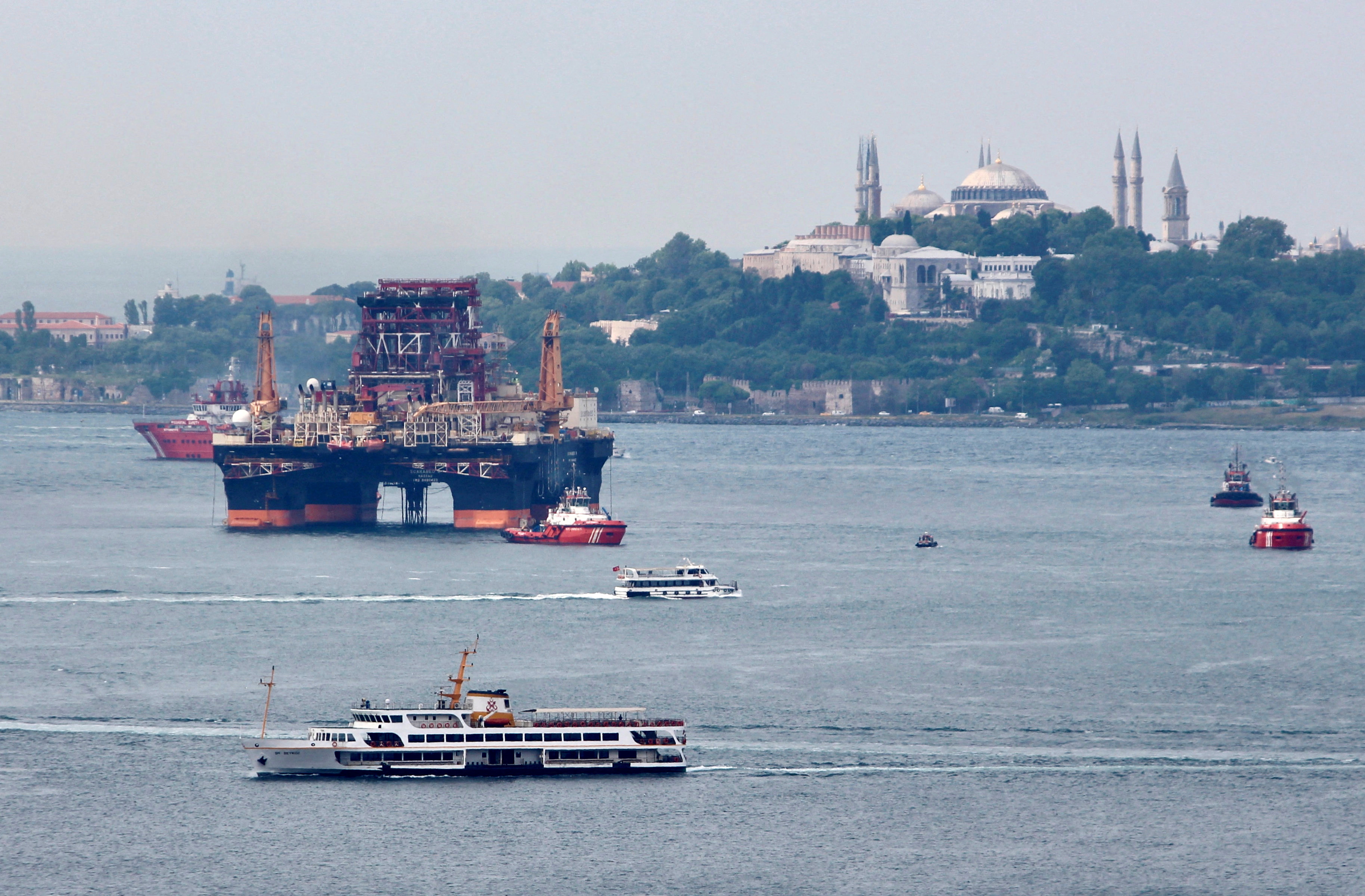 Drilling vessel Scarabeo 9, owned by Italian oil service group Saipem, sails in the Bosphorus in Istanbul