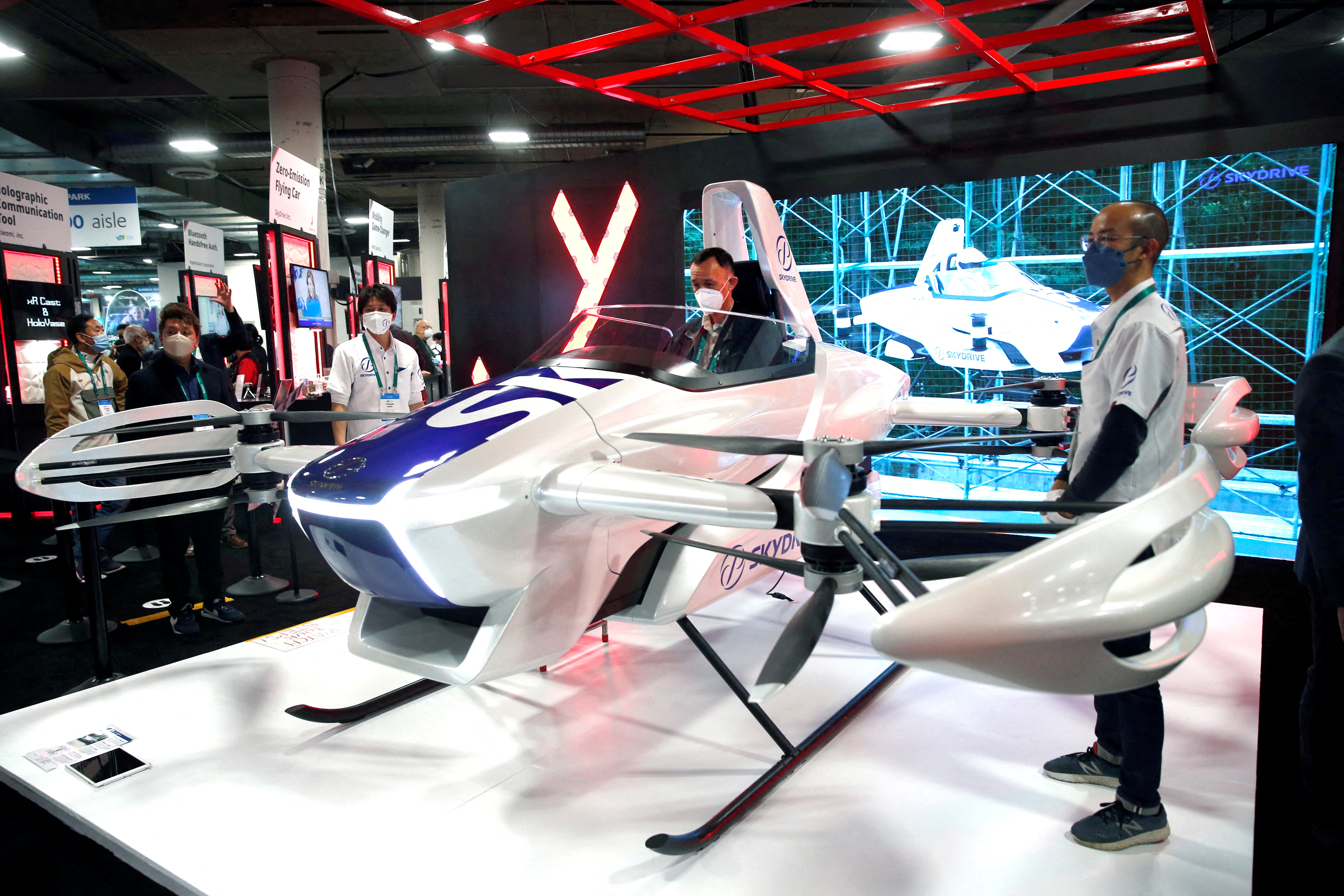 A SkyDrive flying car is pictured at CES 2022 in Las Vegas