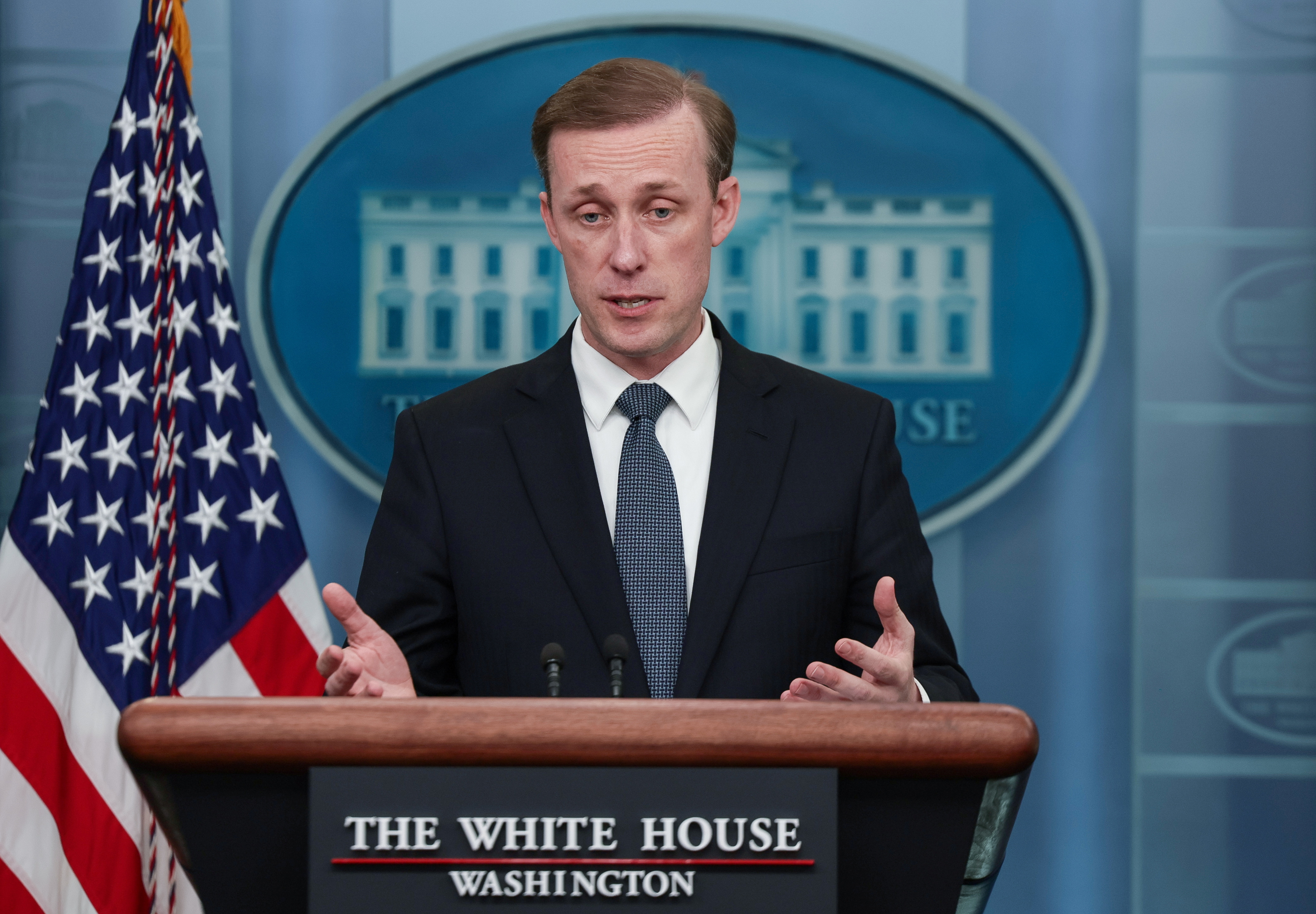 National Security Advisor Jake Sullivan answers questions during a media briefing at the White House in Washington