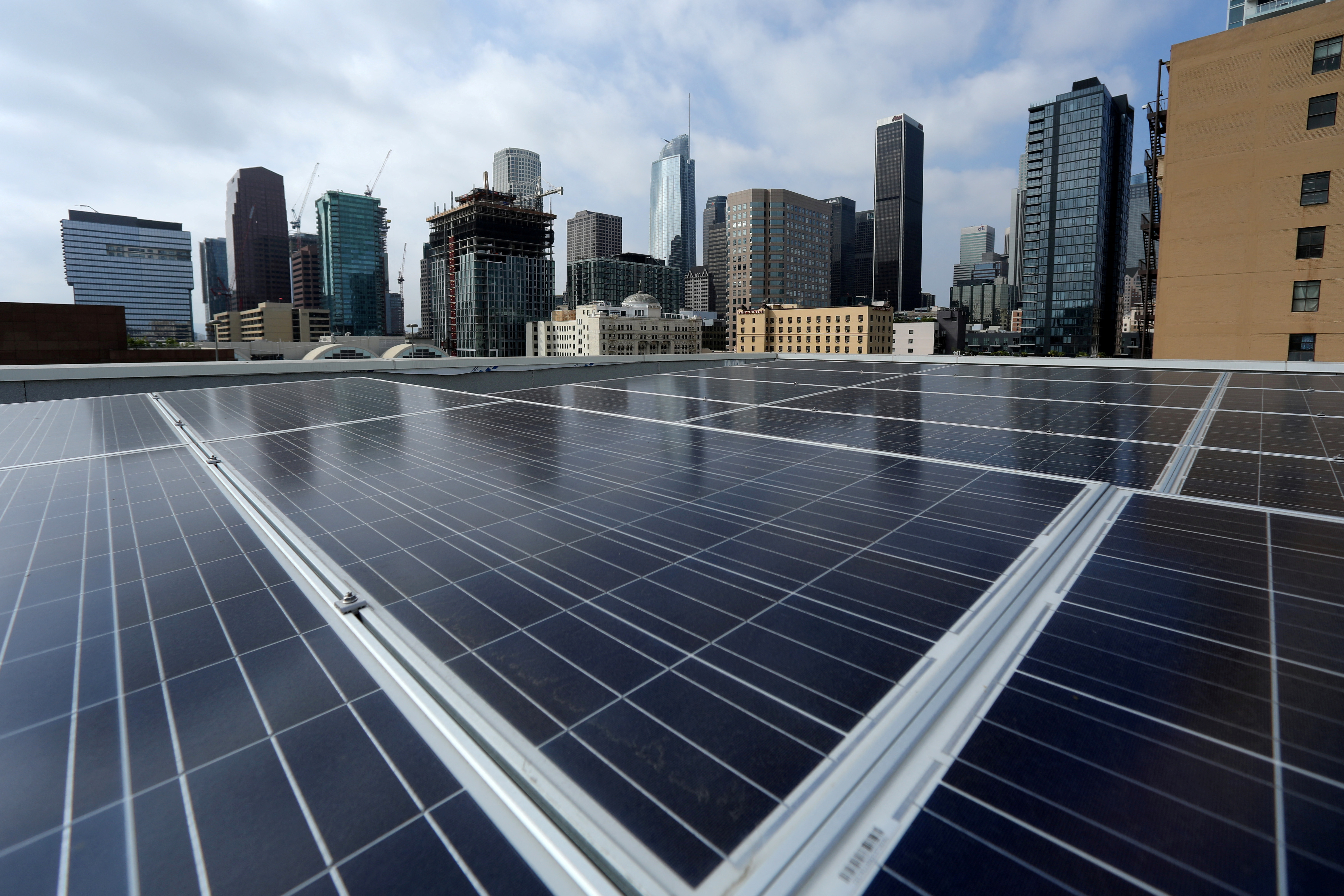 Solar electric panels on residential bulding in down town Los Angeles