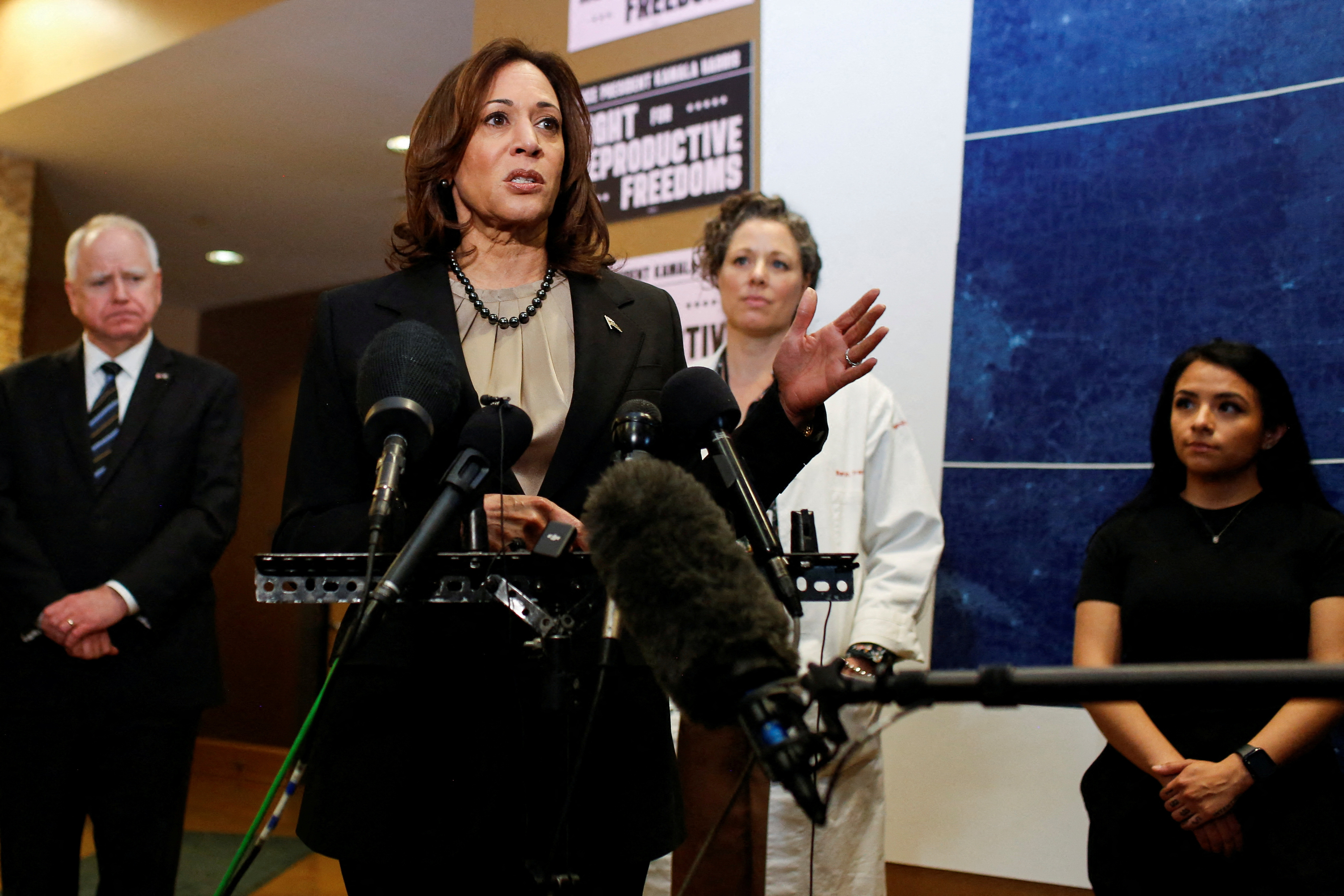 U.S. Vice President Kamala Harris visits a clinic that performs abortions, in St. Paul