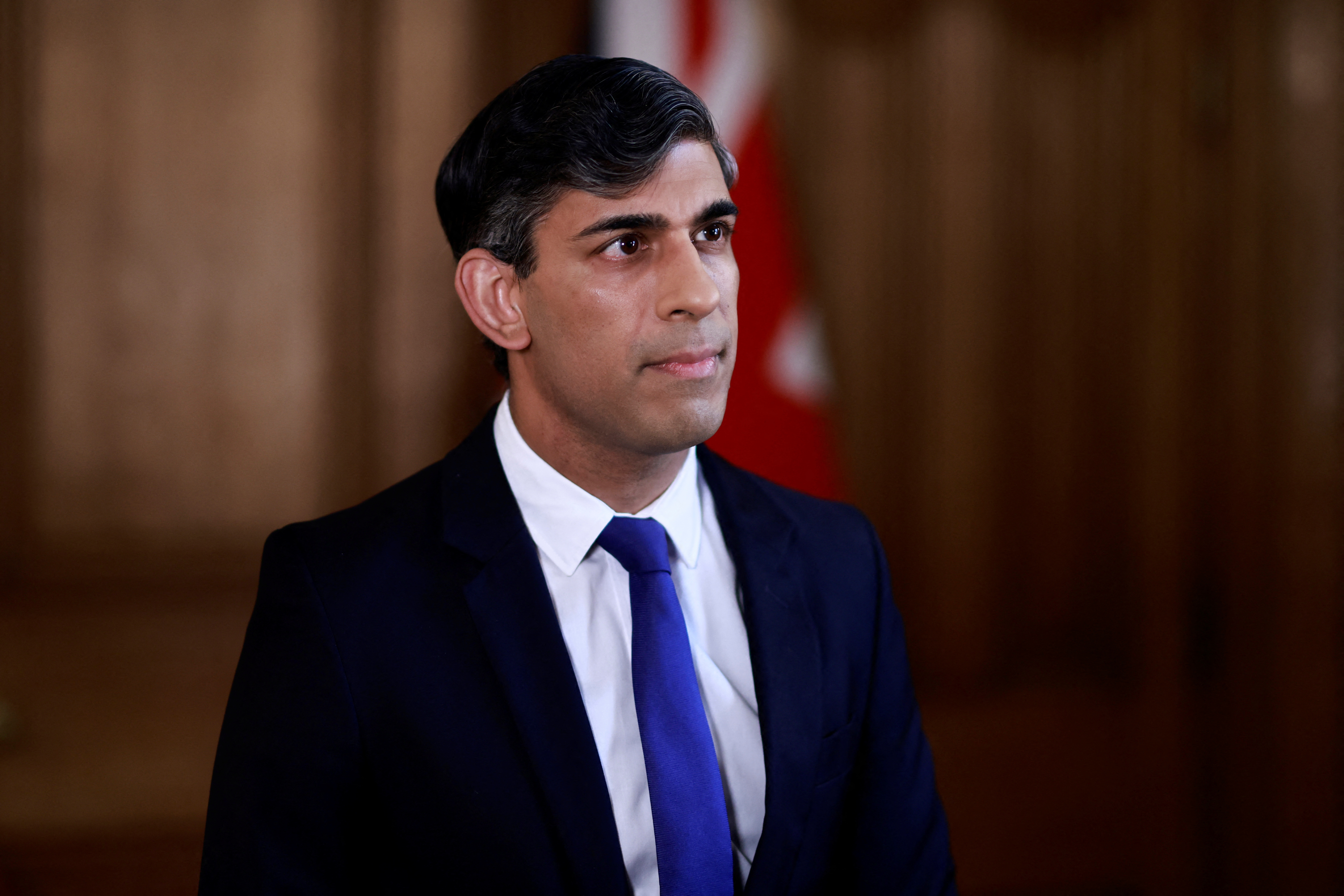 British Prime Minister Rishi Sunak records a statement on the Iranian attacks on Israel overnight, inside 10 Downing Street in central London