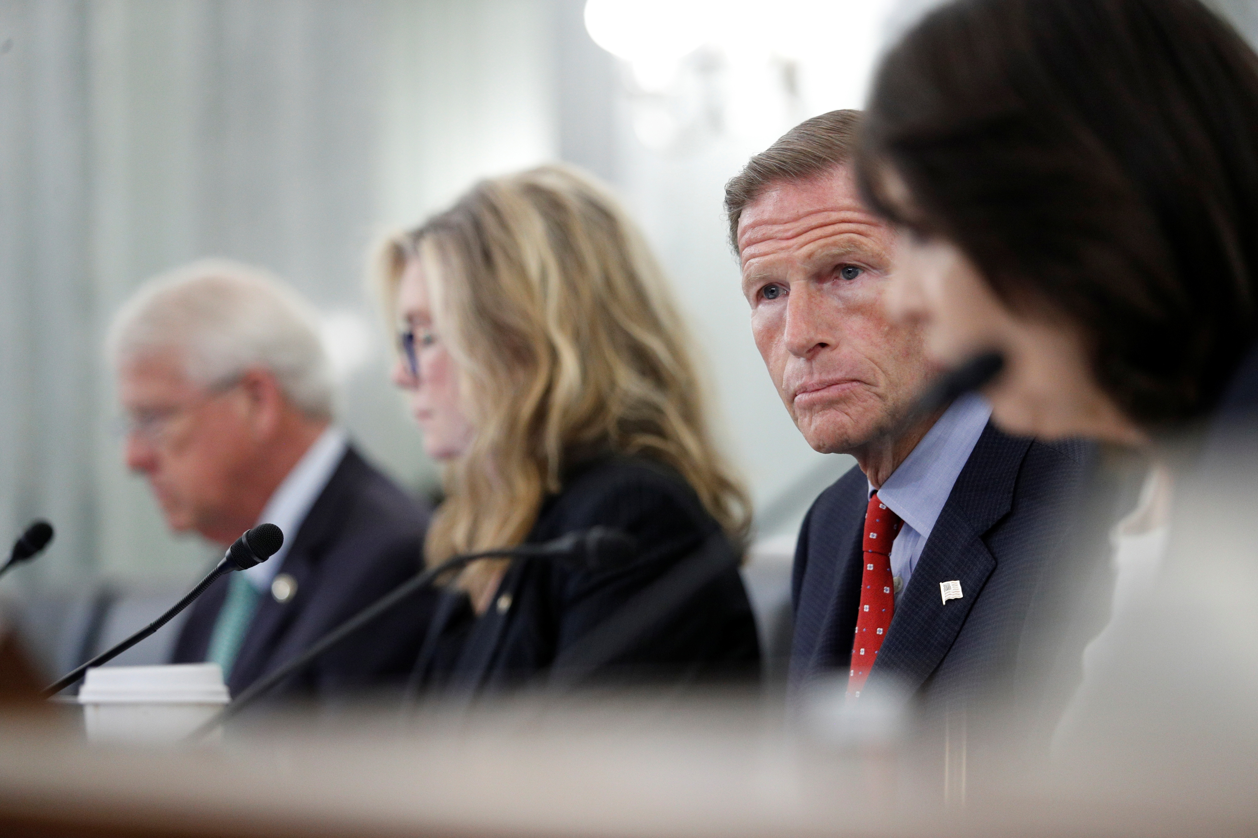 Senator Richard Blumenthal (D-CT) looks on as Antigone Davis, Director of the Global Head of Safety at Facebook (not pictured) testifies before the Senate Commerce, Science, and Transportation - Subcommittee on Consumer Protection, Product Safety, and Data Security, on Capitol Hill in Washington, DC, U.S., September 30, 2021.  Tom Brenner/Pool via REUTERS
