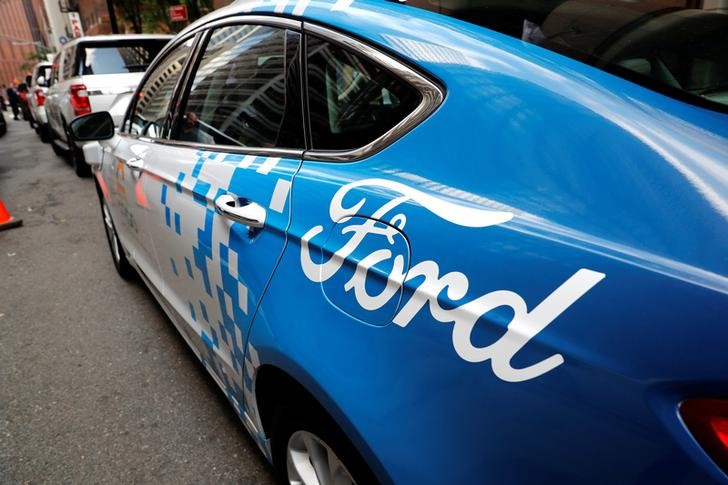 Argo Ai self driving prototype vehicle is seen outside a Ford and Volkswagen joint news conference in New York City