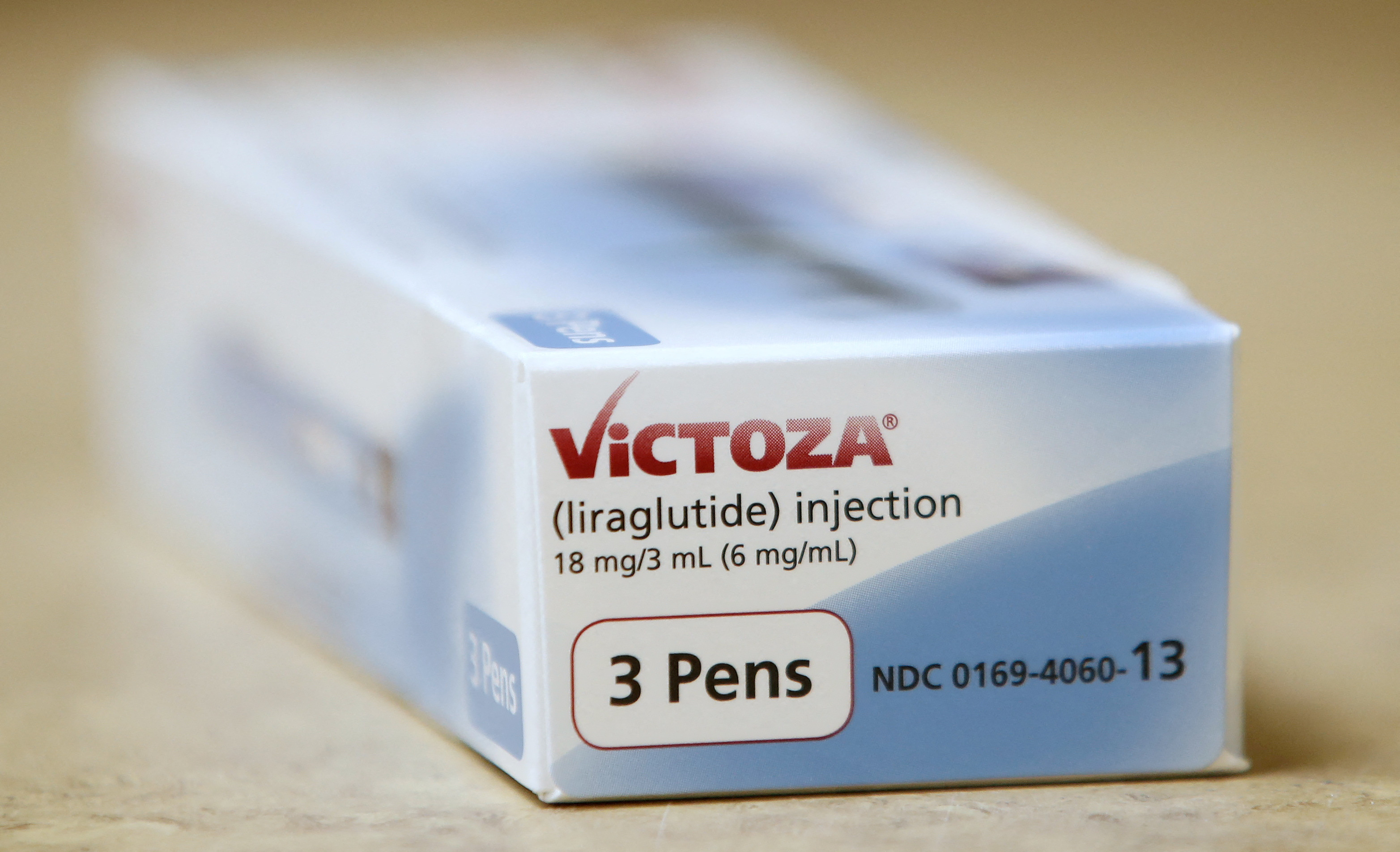 A box of the drug Victoza, made by Novo Nordisk Pharmaceutical, sits on a counter at a pharmacy in Provo