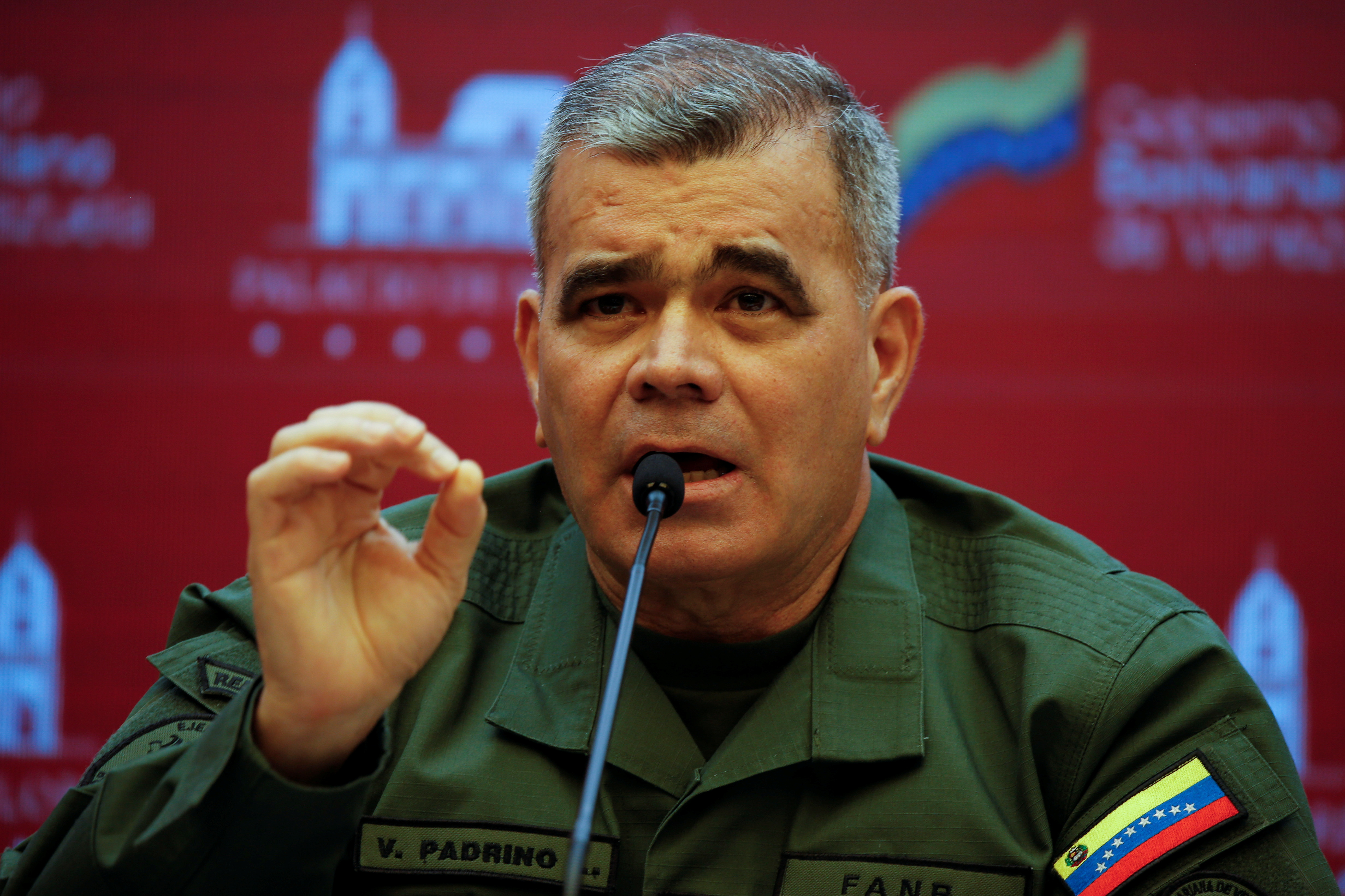 Venezuela's Defense Minister Vladimir Padrino Lopez addresses the media at the Miraflores Palace, in Caracas