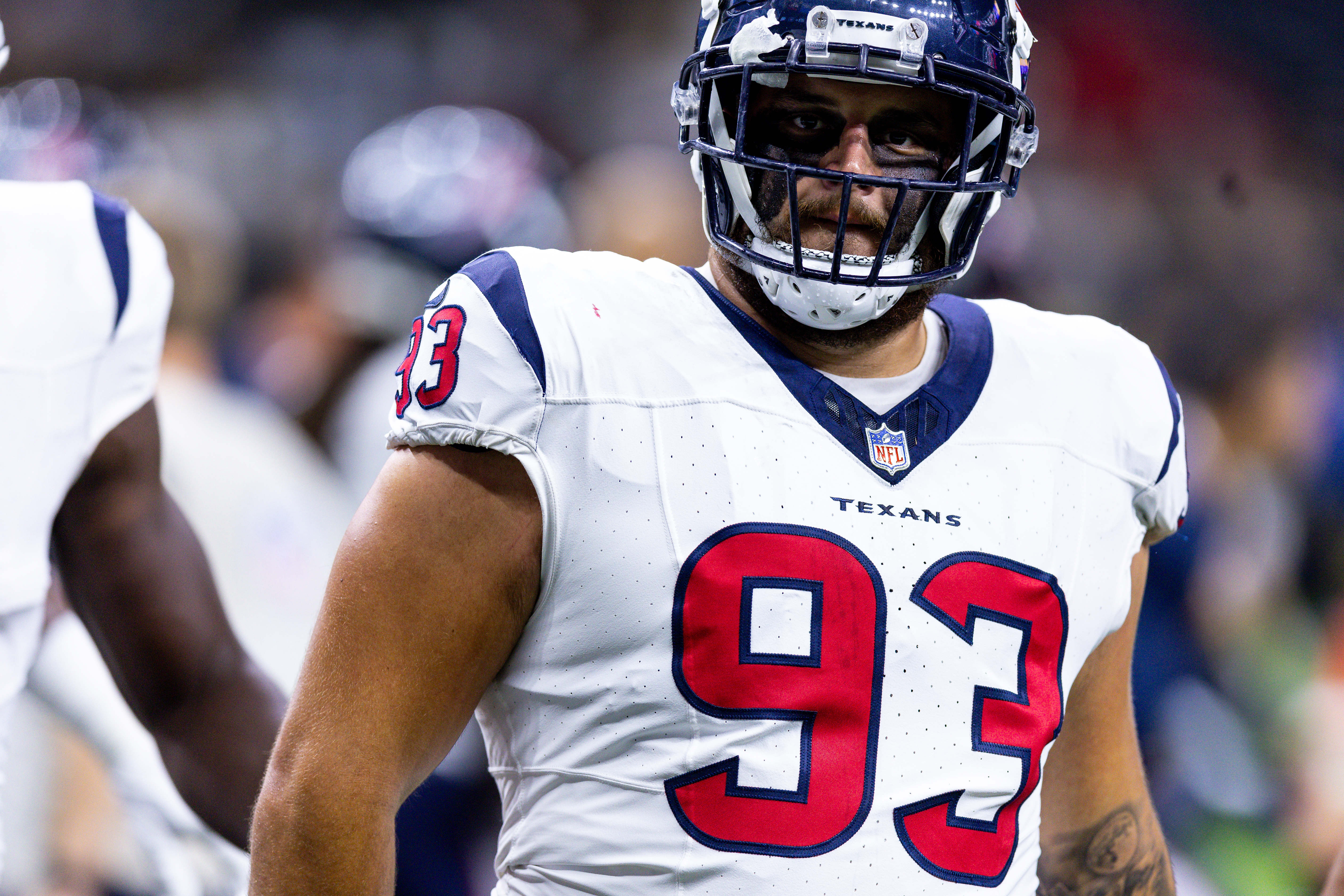 New Orleans, USA. 27th Aug, 2023. Houston Texans quarterback C.J. Stroud  (7) attempts a pass while facing a heavy pass rush from New Orleans Saints  defensive ends Tanoh Kpassagnon (92) and Carl