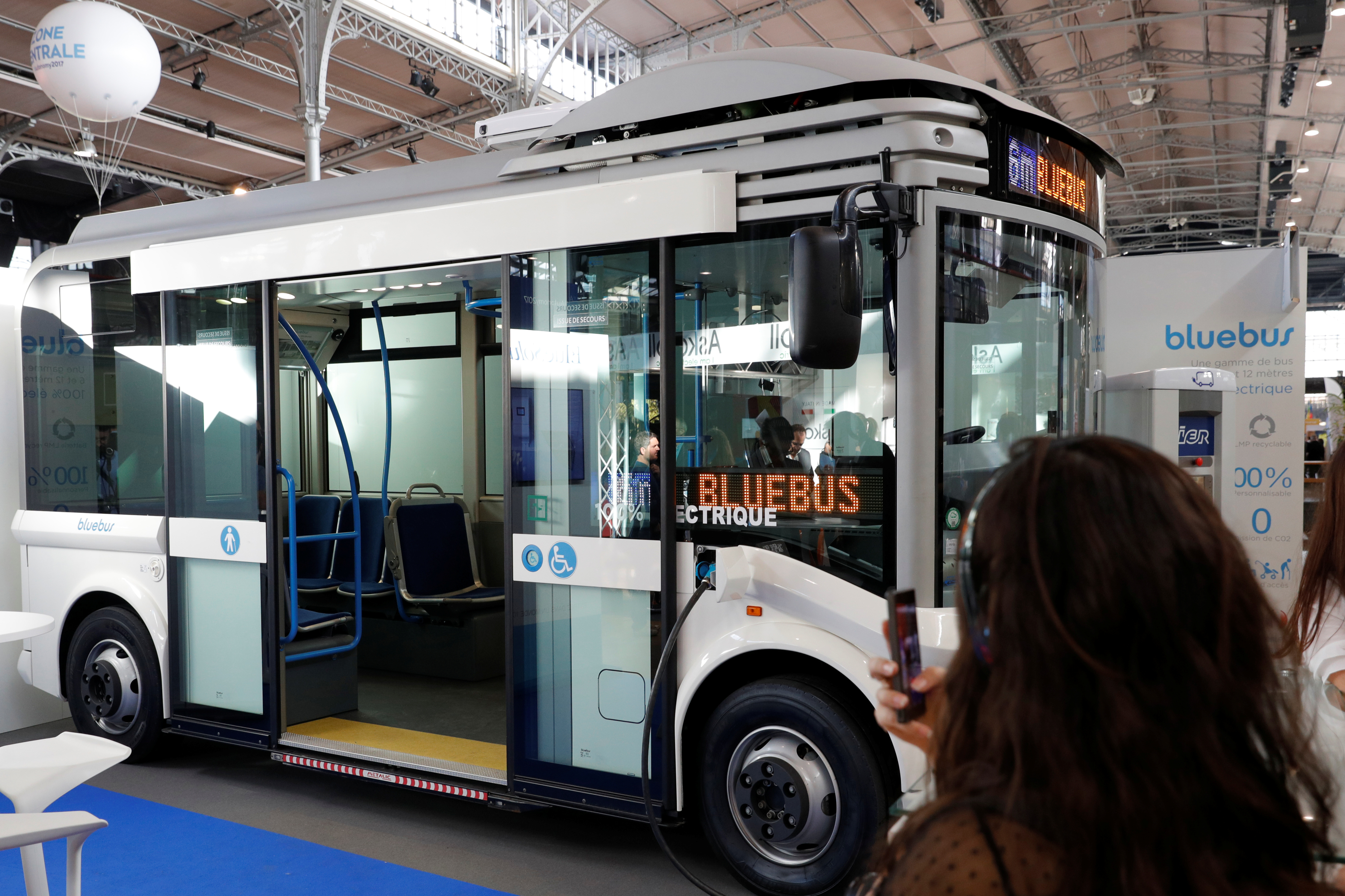 A Bluebus electric bus by Bollore is diplayed at Autonomy and the Urban mobility summit in Paris