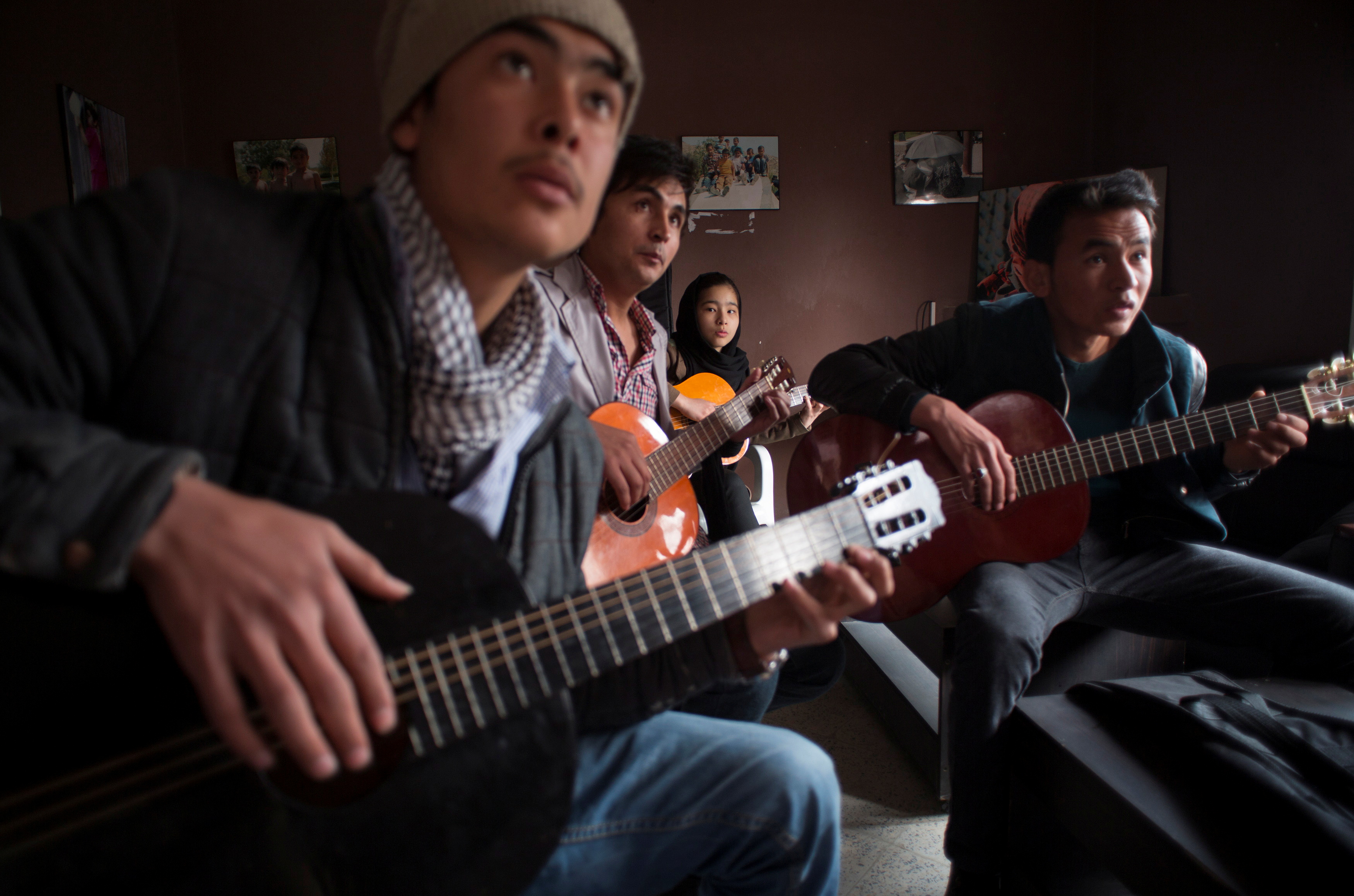 Afghan music students participate in a music training session at a cultural and educational centre in Kabul