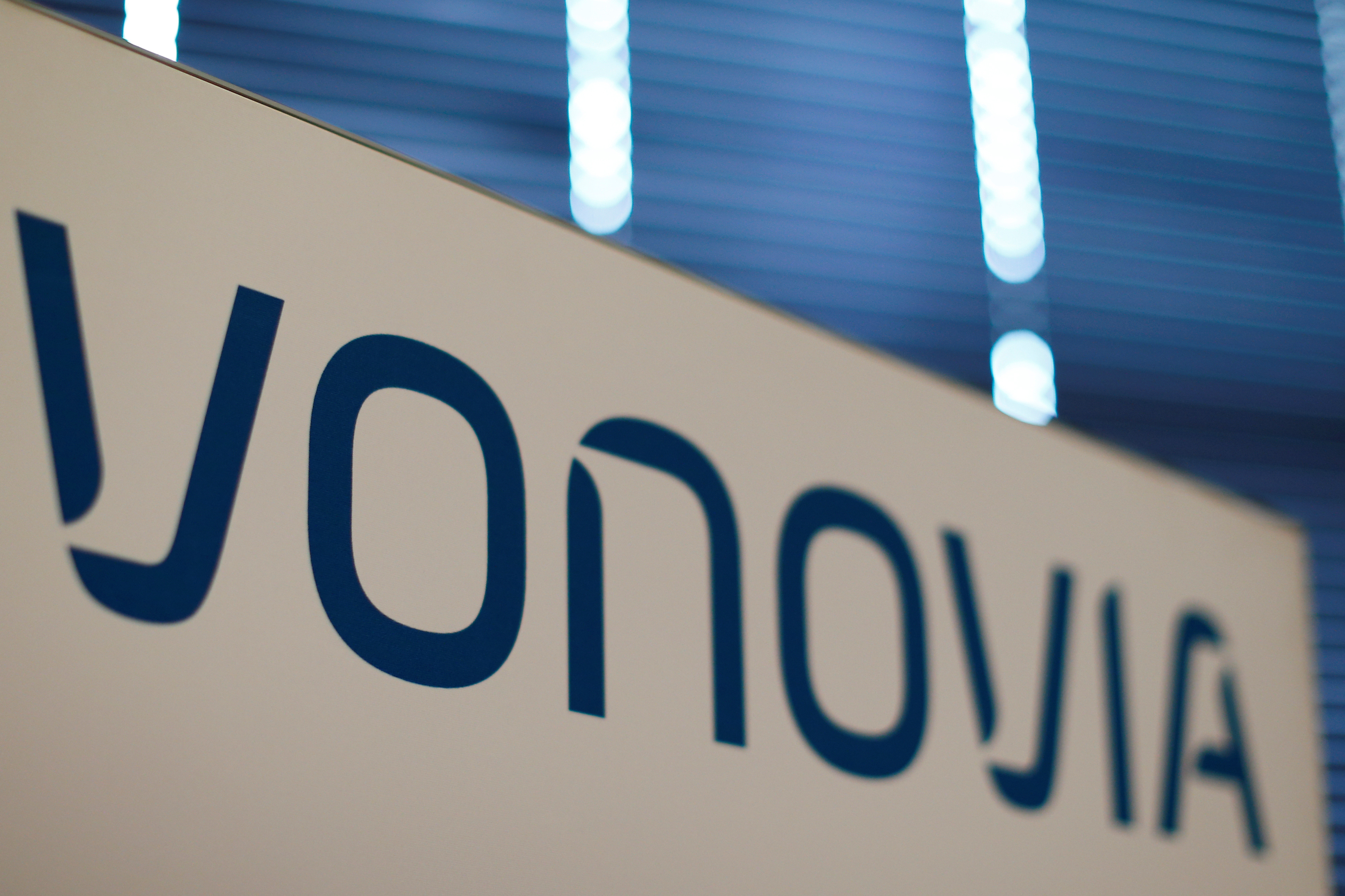 A logo of German real estate company Vonovia, is pictured during a news conference in Duesseldorf