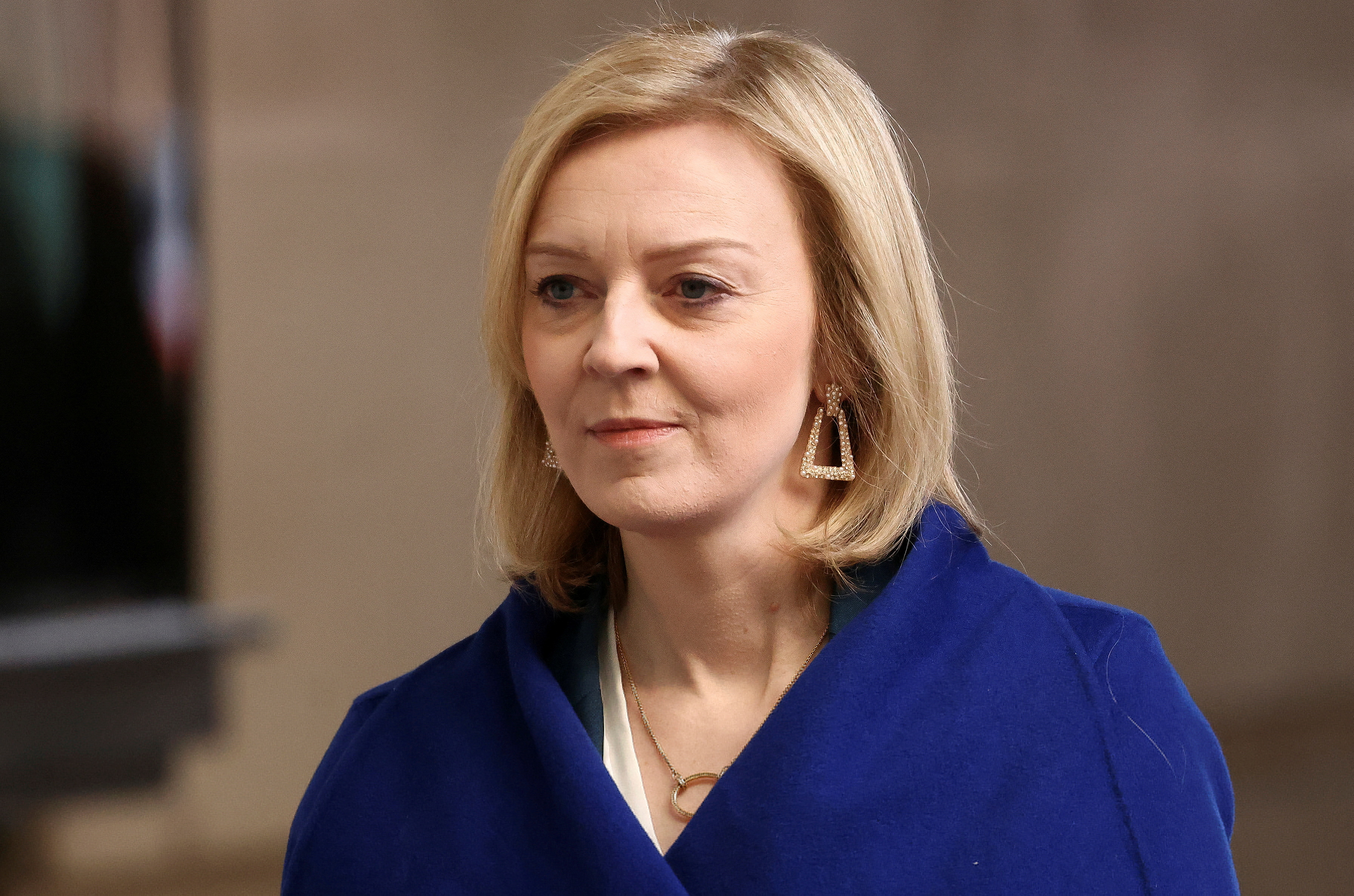 British Foreign Secretary Liz Truss arrives at the BBC headquarters in London