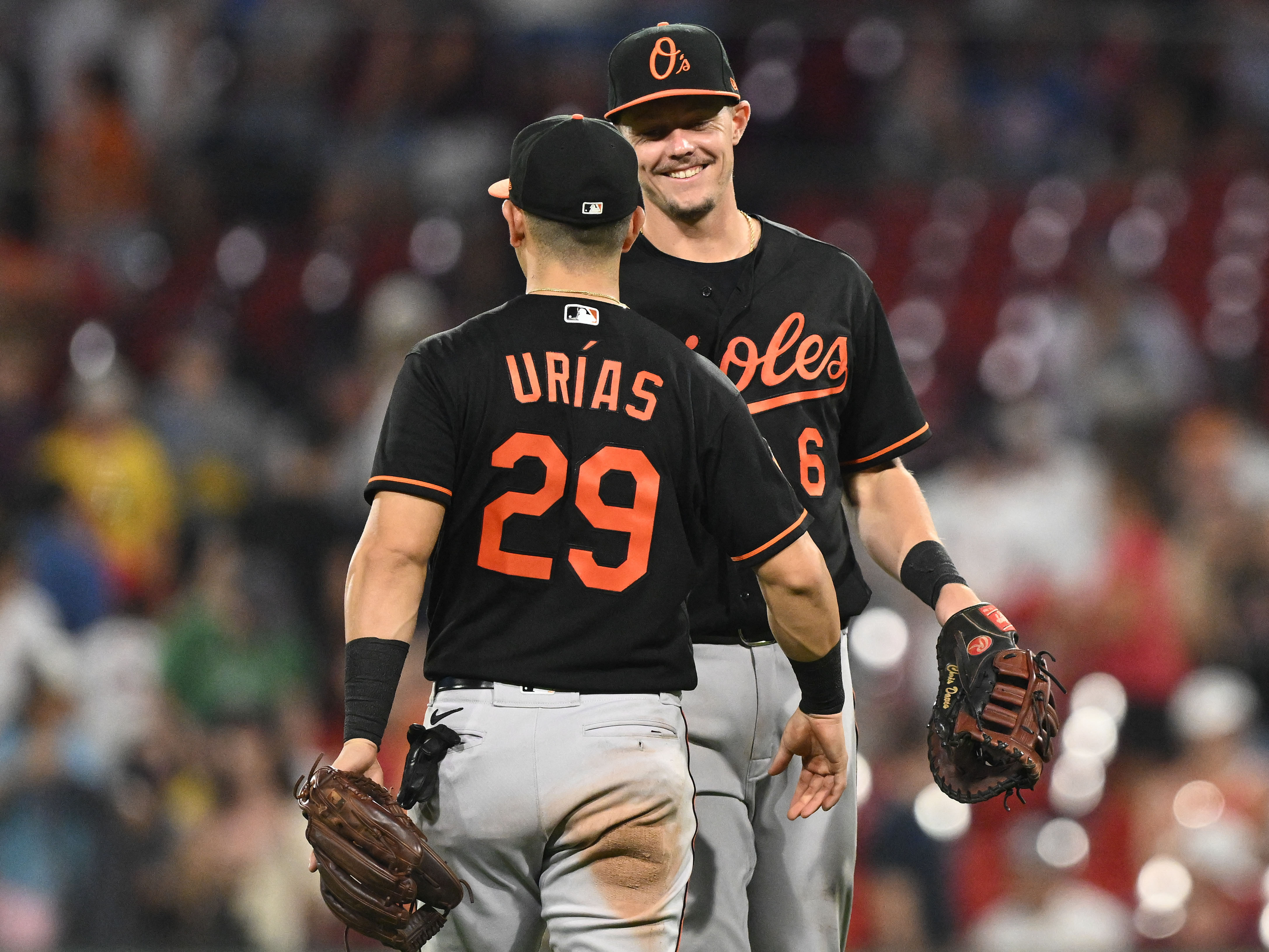 American League's Adley Rutschman, of the Baltimore Orioles, hugs