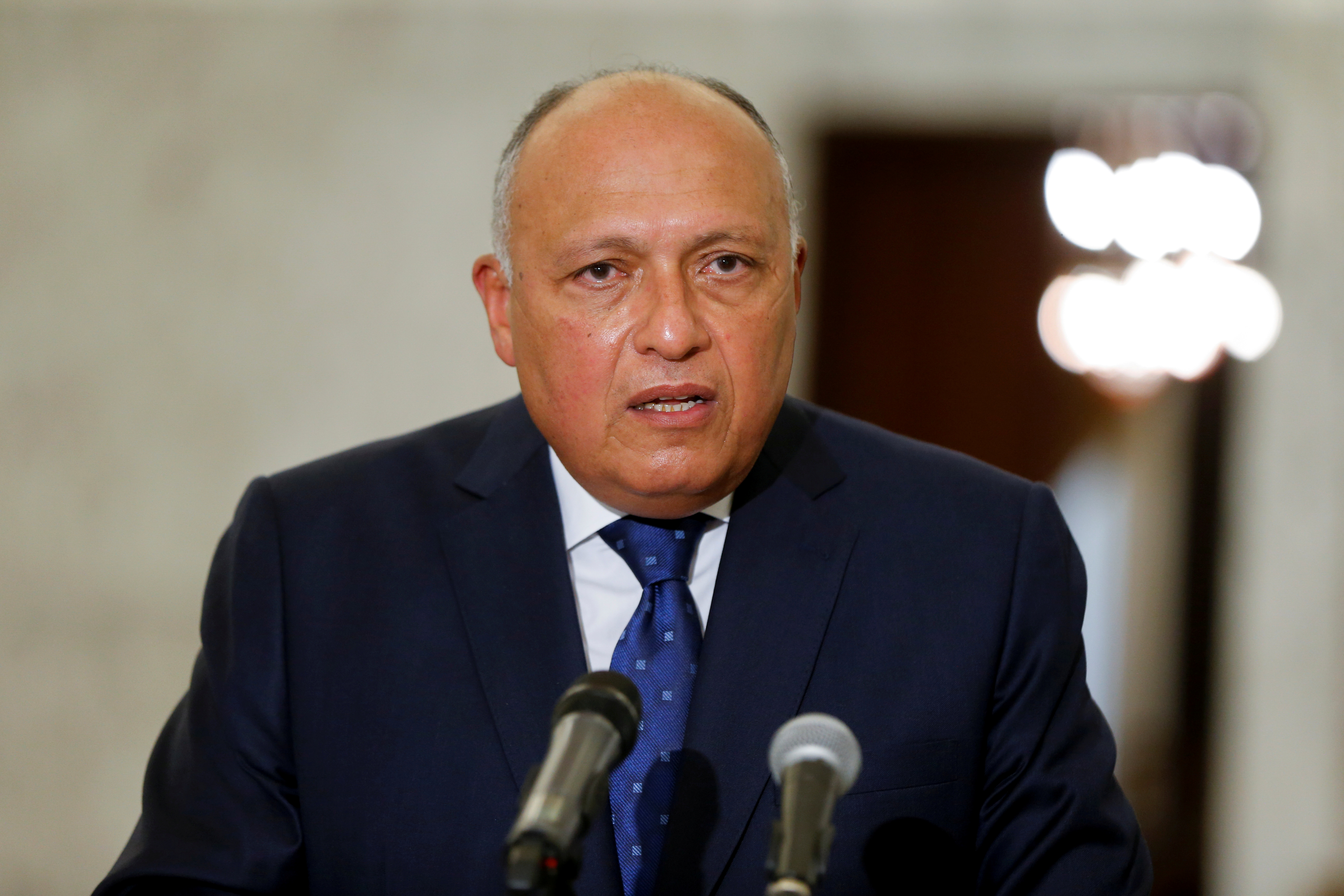 Egyptian Foreign Minister Sameh Shoukry speaks after meeting with Lebanon's President Michel Aoun at the presidential palace in Baabda, Lebanon April 7, 2021. REUTERS/Mohamed Azakir