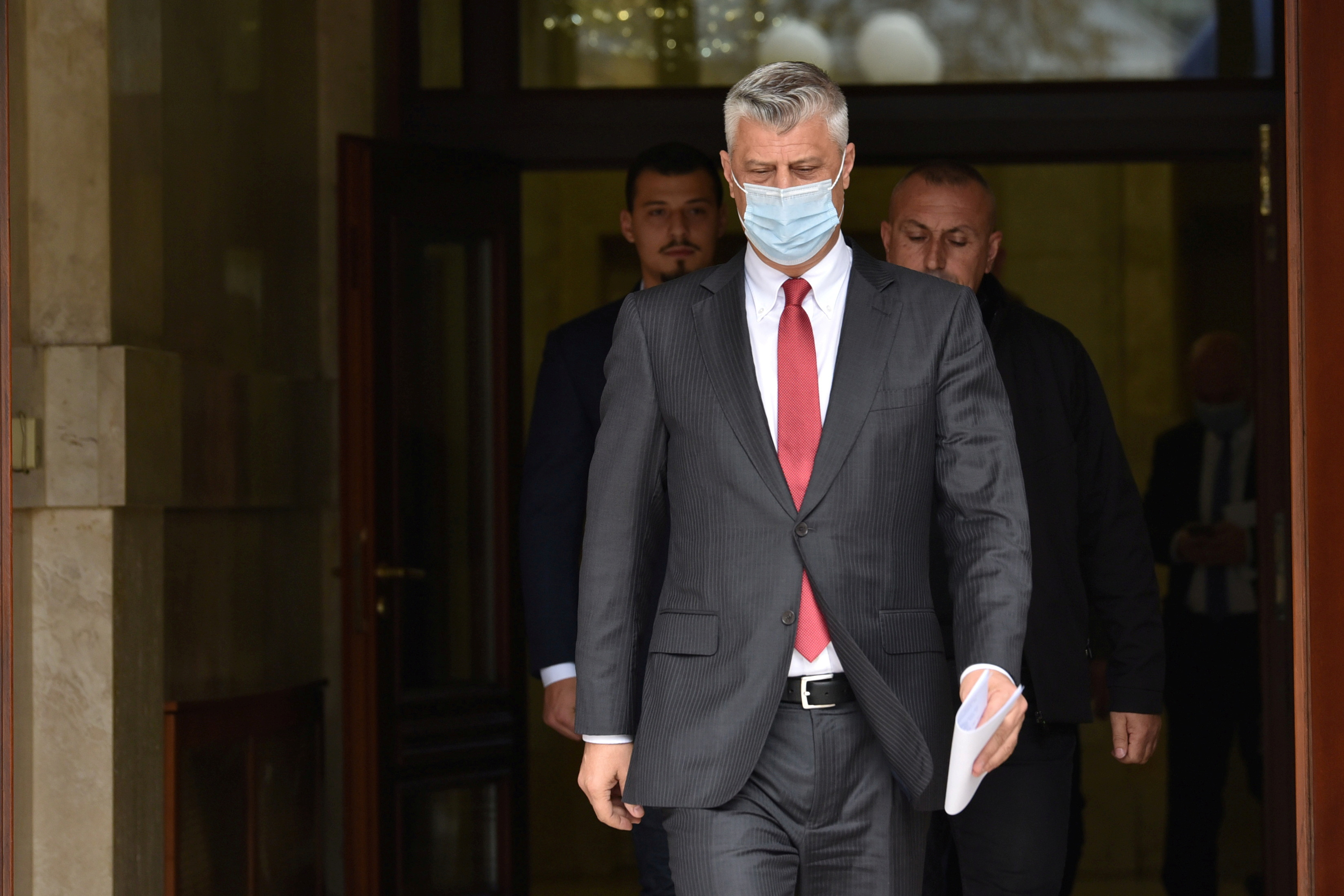 Kosovo's President Thaci arrives for news conference as he resigns to face war crimes charges, in Pristina