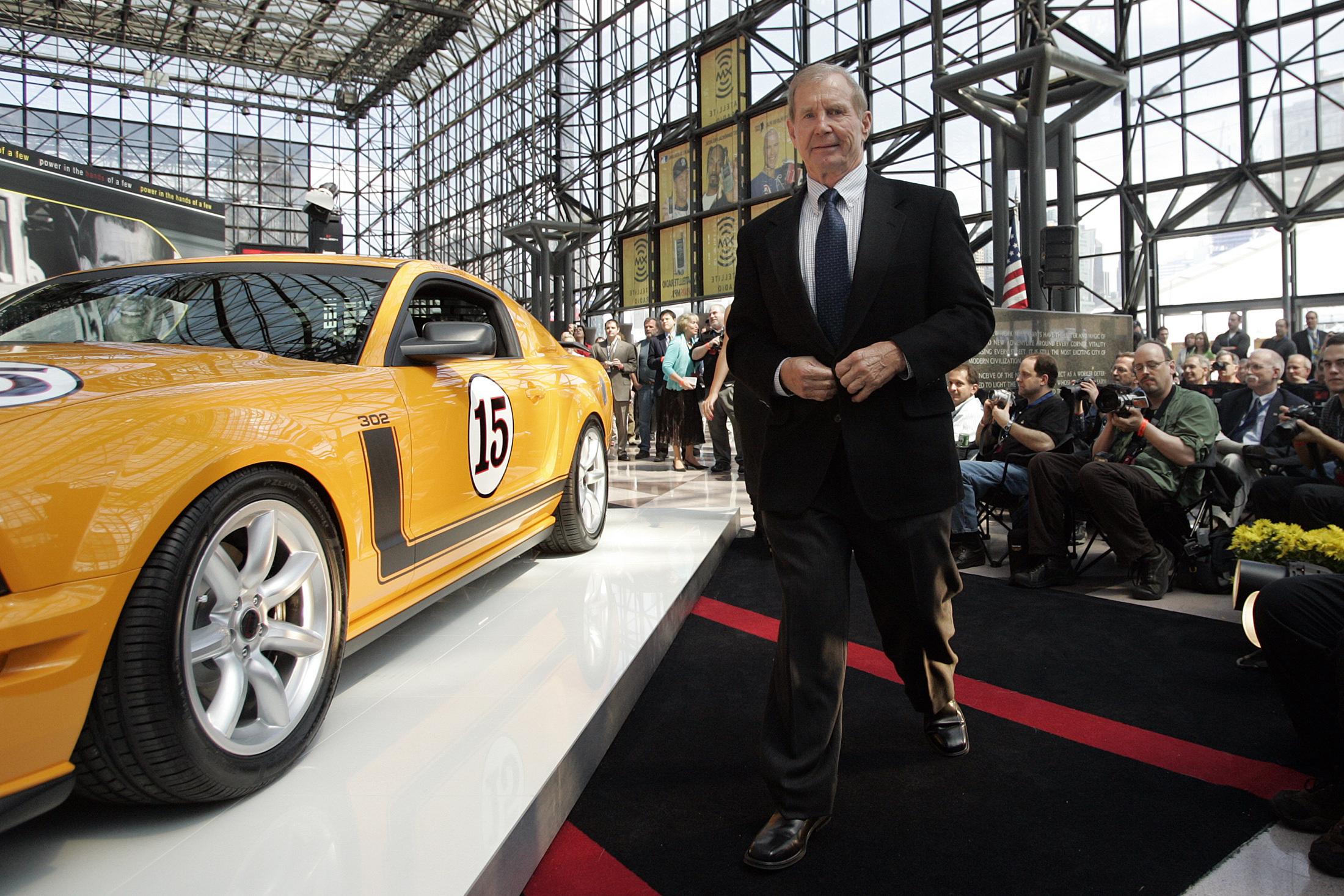 Race car driver Jones takes stage for unveiling of 370-horsepower Saleen modified Mustang at New York International Auto Show