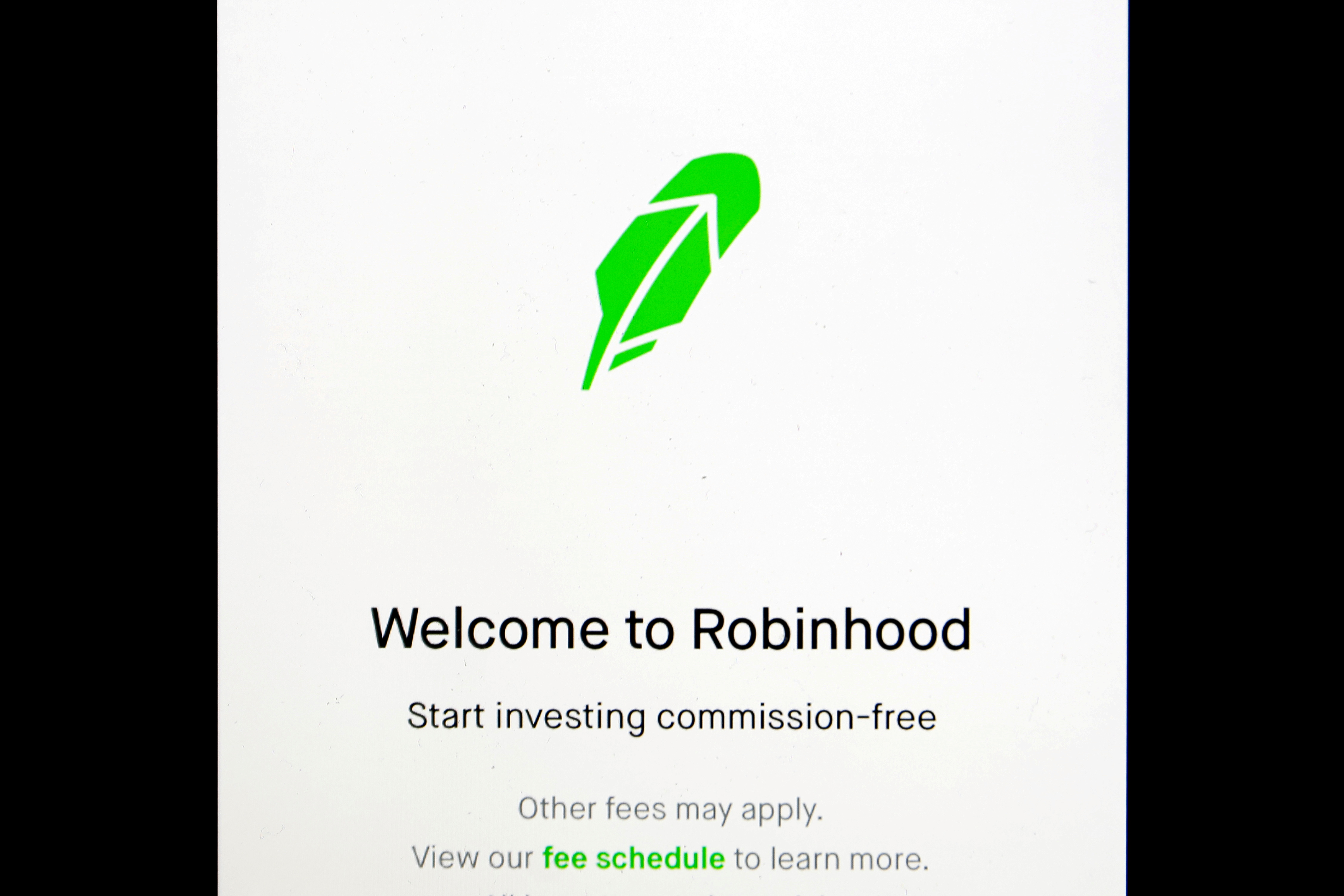 The welcome screen for the Robinhood App is displayed on a screen