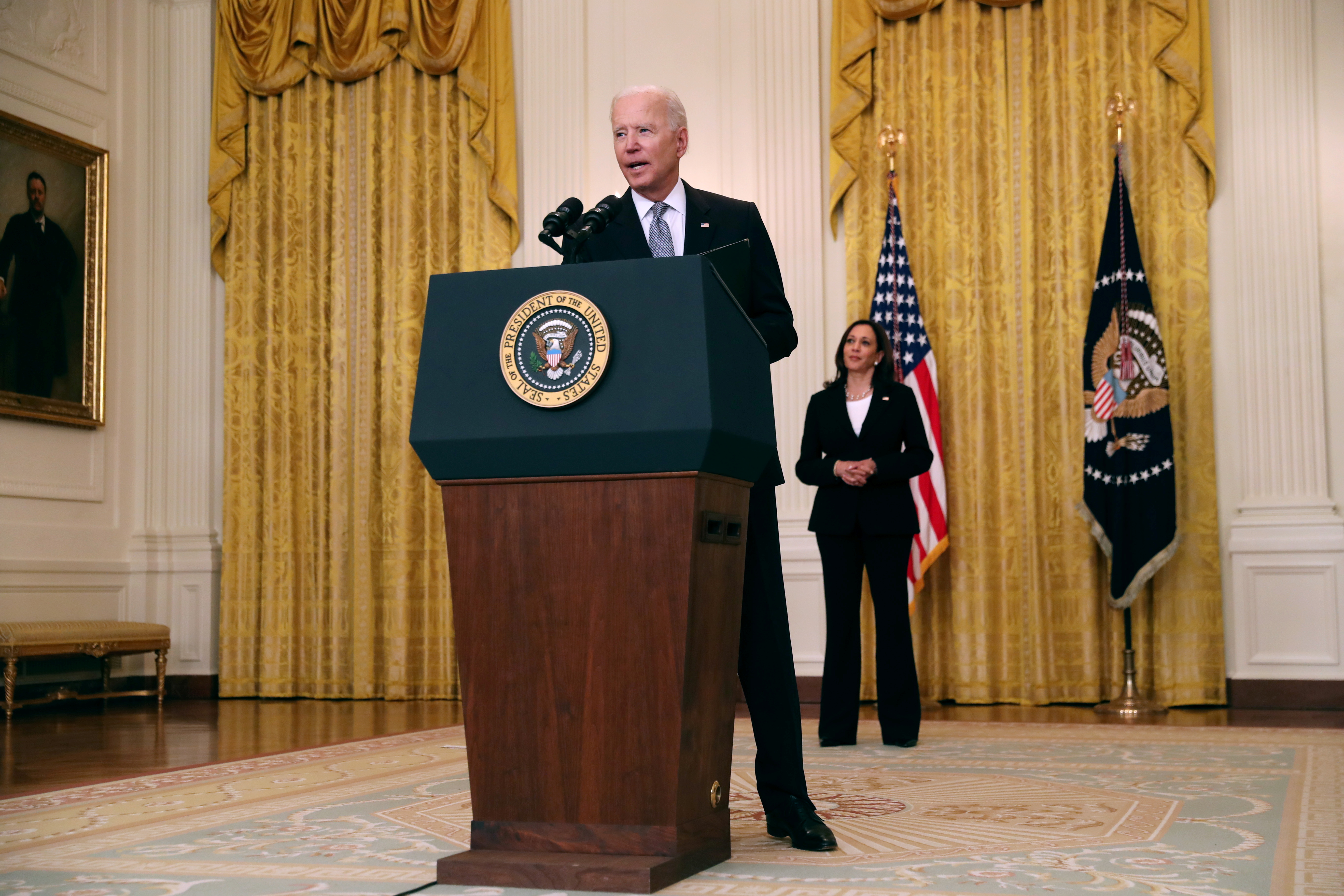 U.S. President Joe Biden delivers remarks from the East Room of the White House in Washington