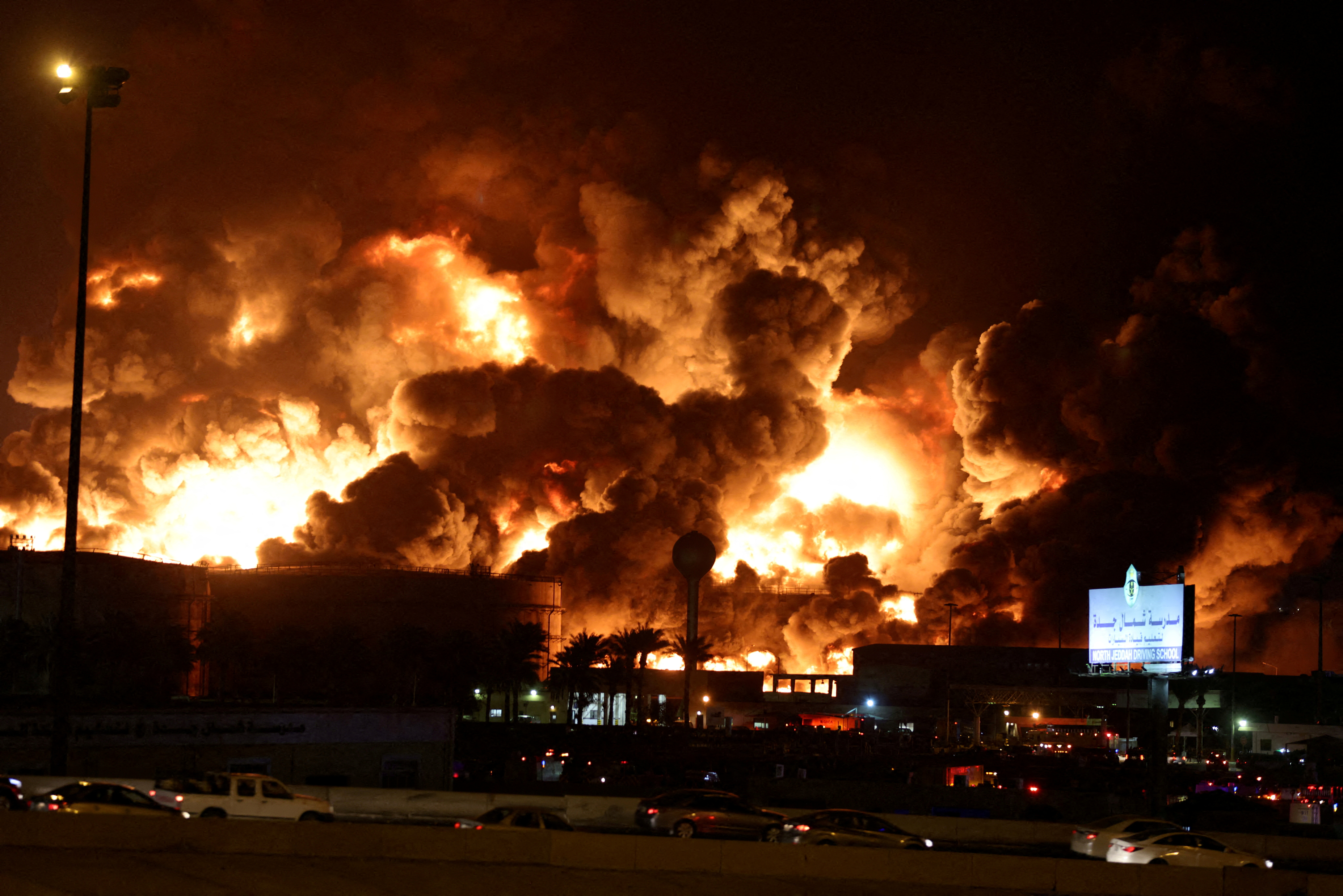 Smoke billows from a fire at Saudi Aramco's petroleum storage facility in Jeddah