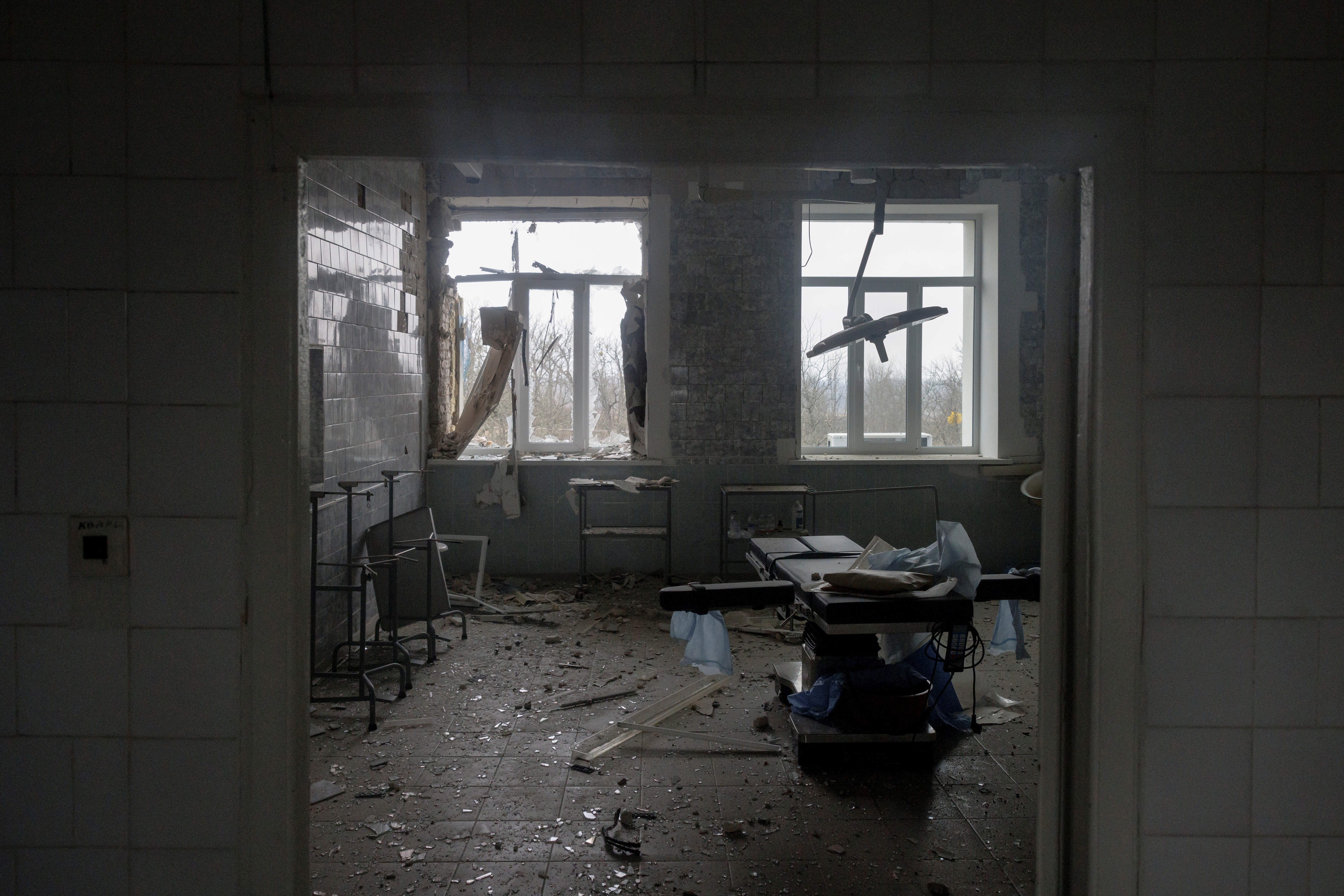 A damaged operating theatre is seen in a hospital in Trostyanets which staff said Russian troops attacked with tanks during their occupation of the town