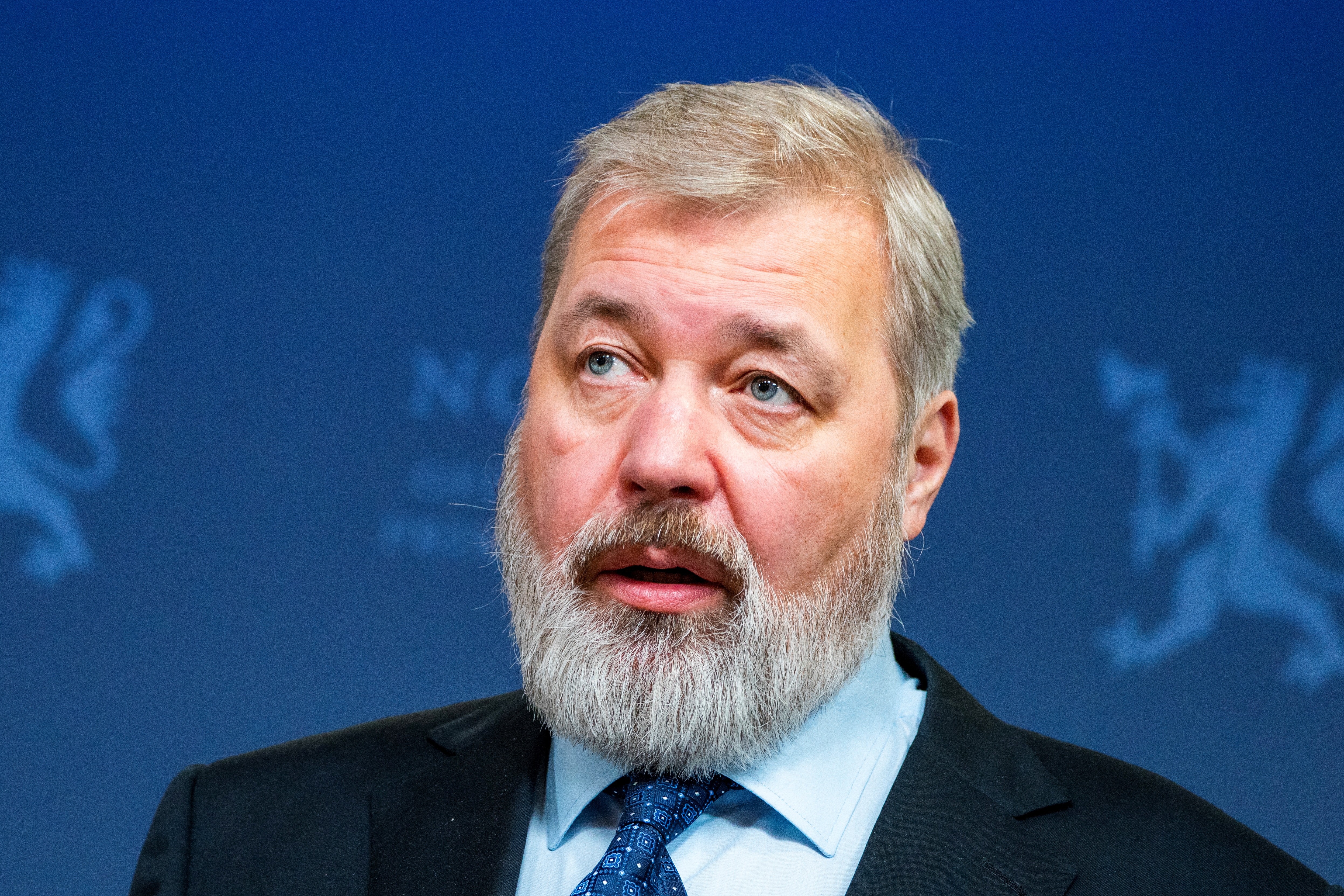 Nobel Peace Prize winner for the year Dmitry Muratov takes part in a news conference
