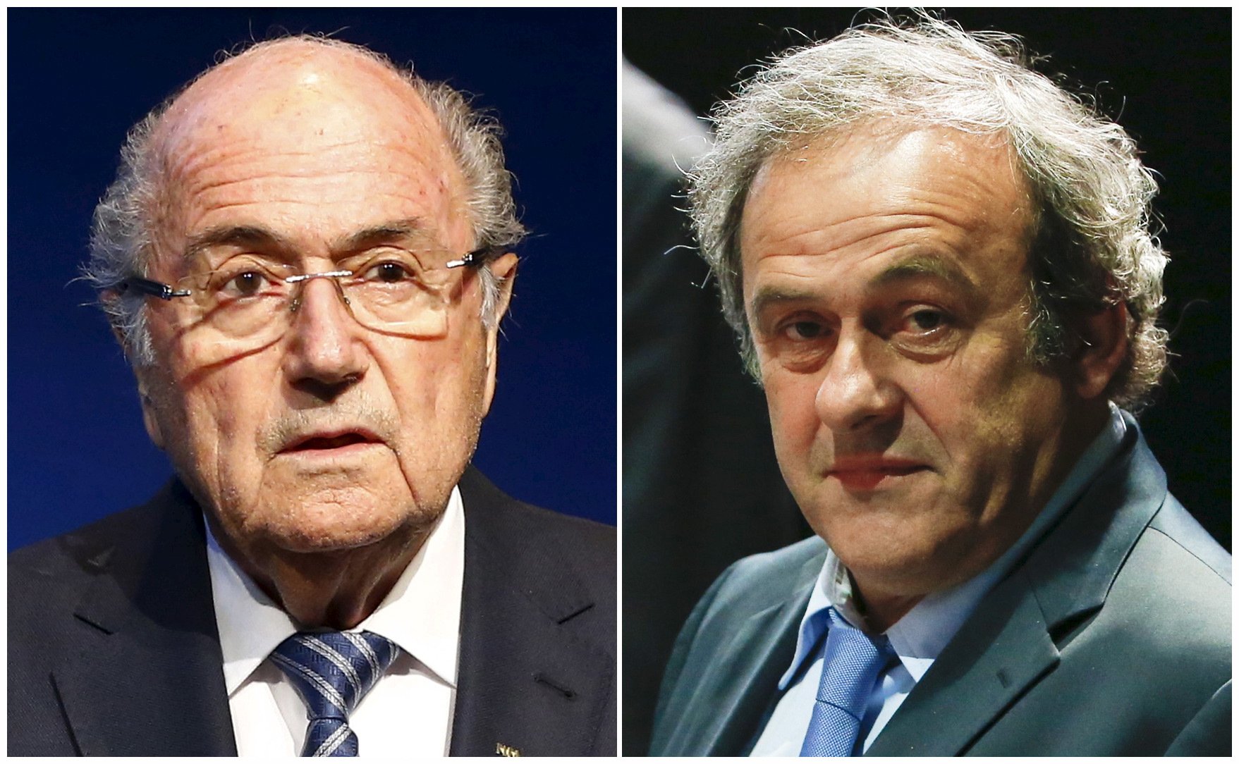 Combination file photograph of FIFA President Sepp Blatter addressing a news conference at the FIFA headquarters in Zurich, Switzerland June 2, 2015 and UEFA President Michel Platini (R) attending the 65th FIFA Congress in Zurich, Switzerland, May 29, 2015.    REUTERS/Ruben Sprich/