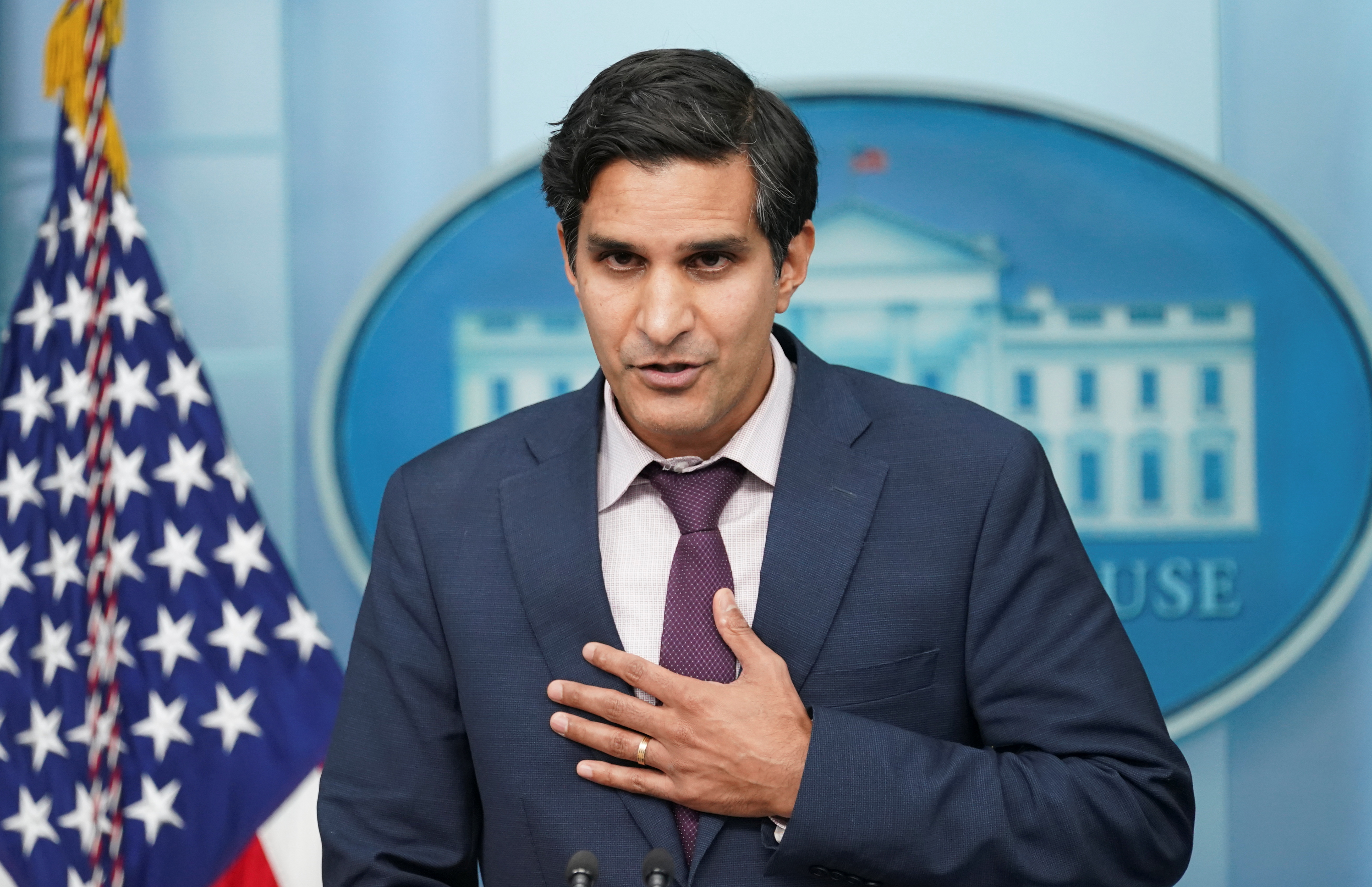 Daleep Singh speaks about sanctions against Russia during a press briefing at the White House in Washington