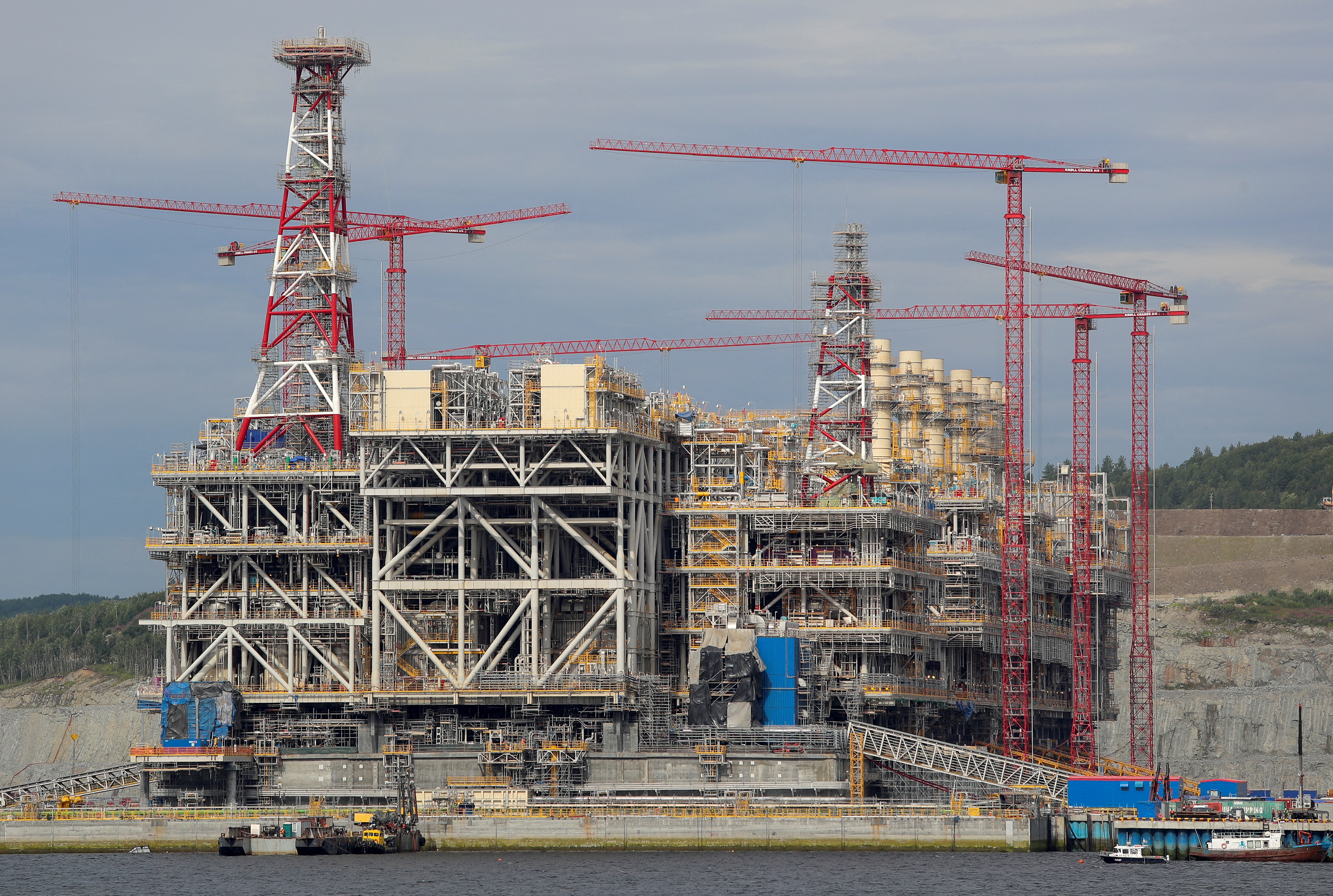 A structure of Arctic LNG 2 joint venture is seen under construction near the settlement of Belokamenka, Murmansk region