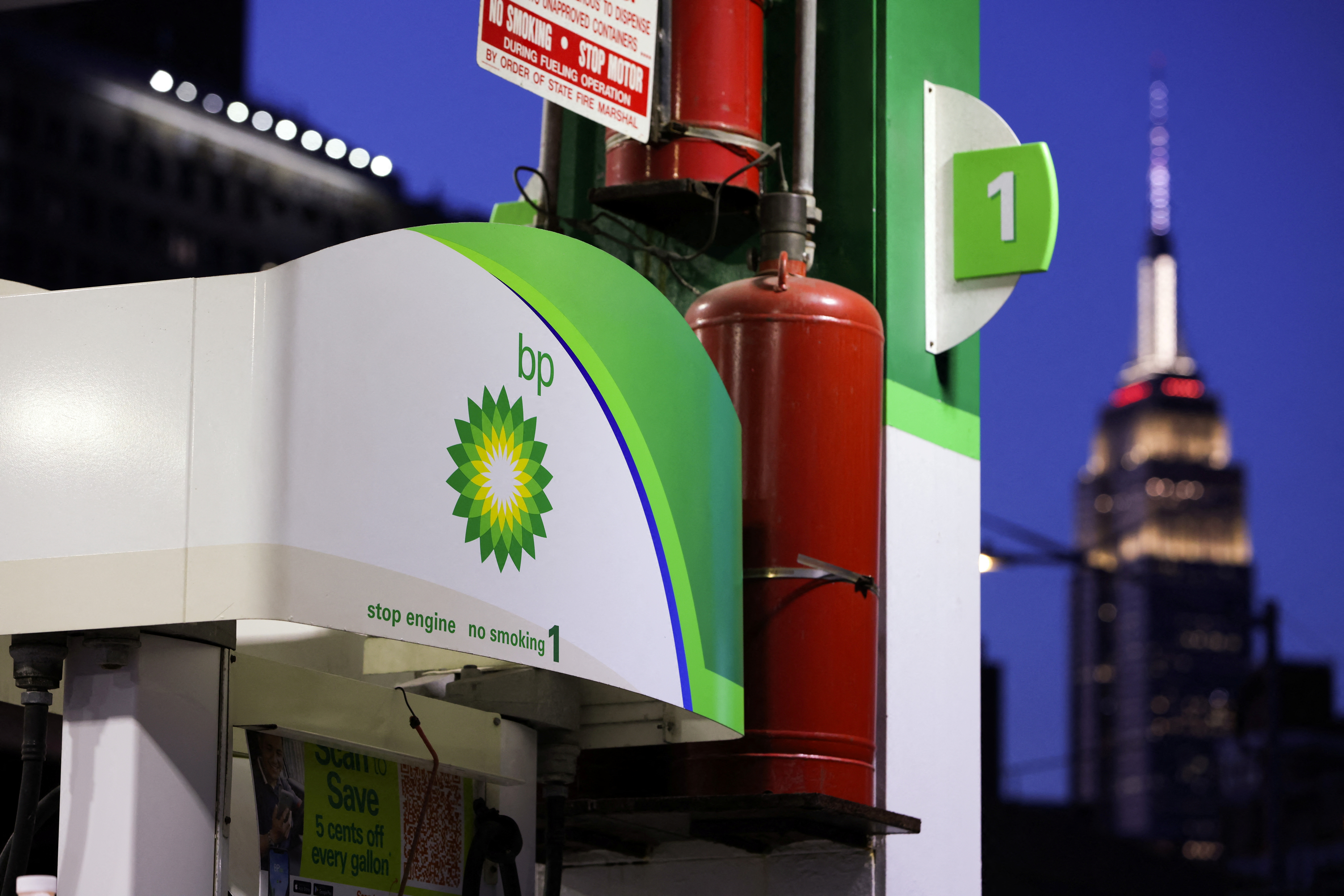The BP logo is seen at a BP gas station in Manhattan, New York City, U.S., November 24, 2021. REUTERS/Andrew Kelly