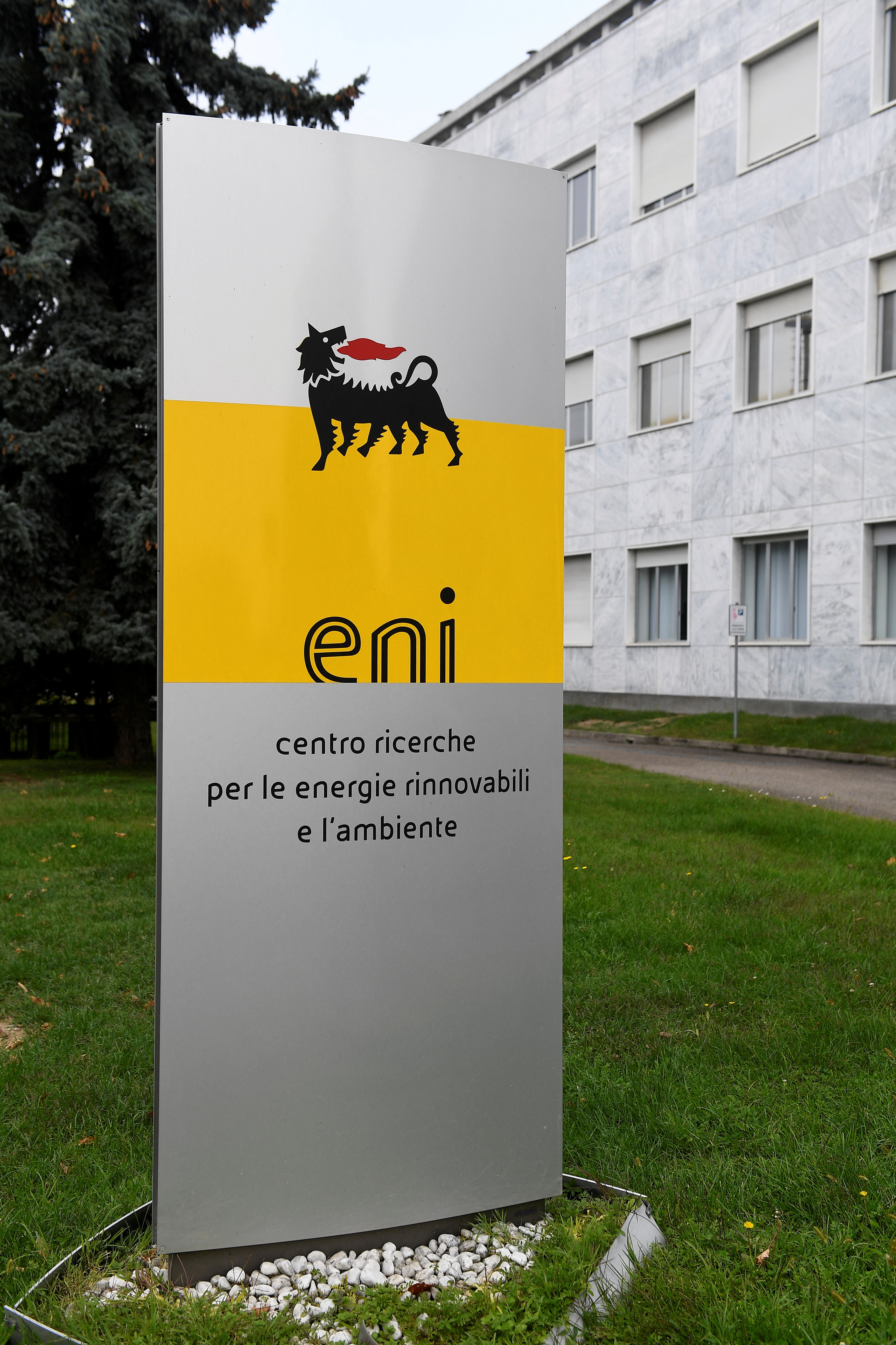 The logo of Italian energy company Eni is seen at Eni's Renewable Energy and Environmental R&D Center in Novara