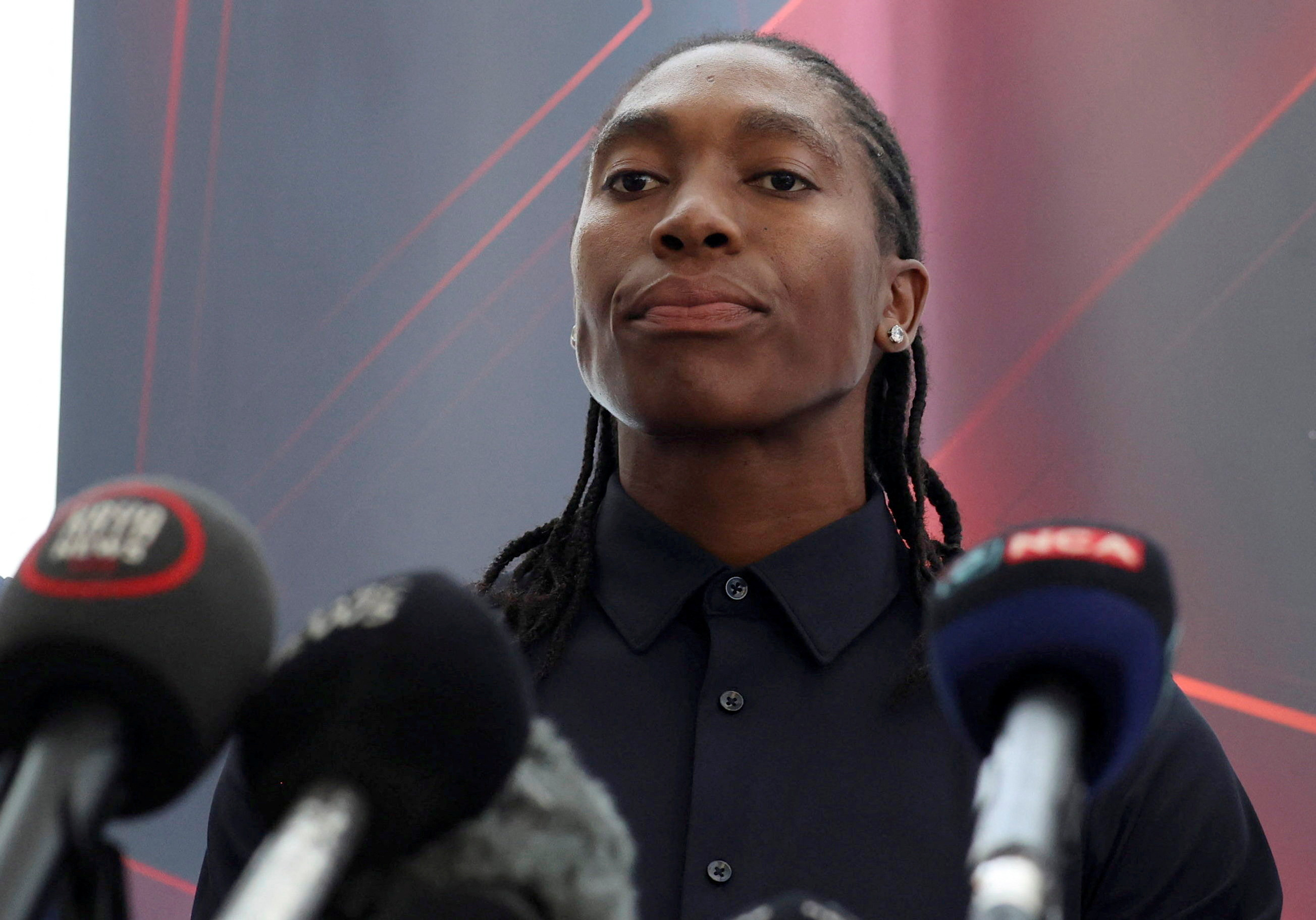 South African athlete, Caster Semenya reacts during her press conference about the upcoming case at the Grand Chamber of the European Court of Human Rights, in Johannesburg