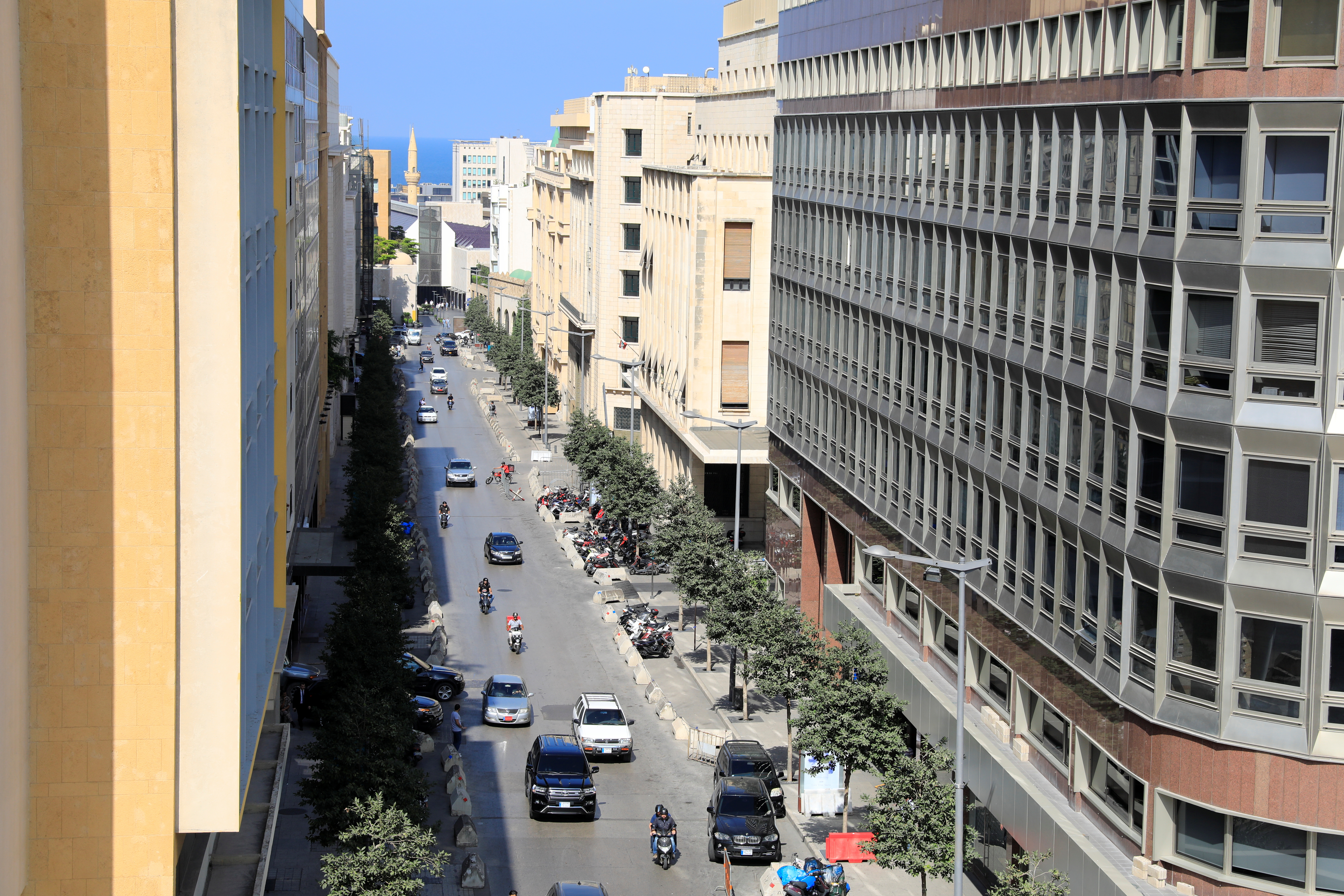 A general view shows a street hosting banks and financial institutions, known as Banks Street, in Beirut Central District