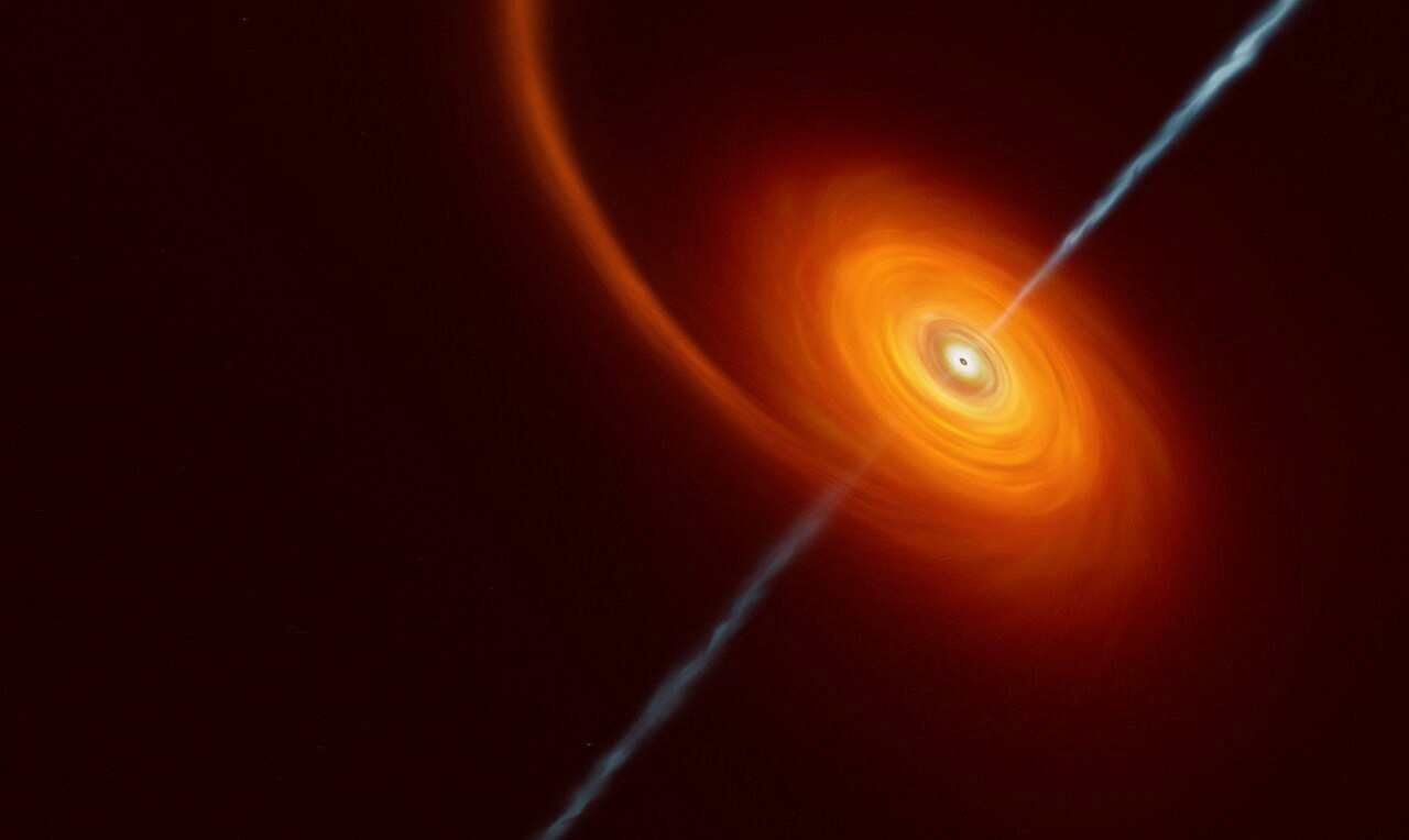 blue giant star being sucked into a black hole