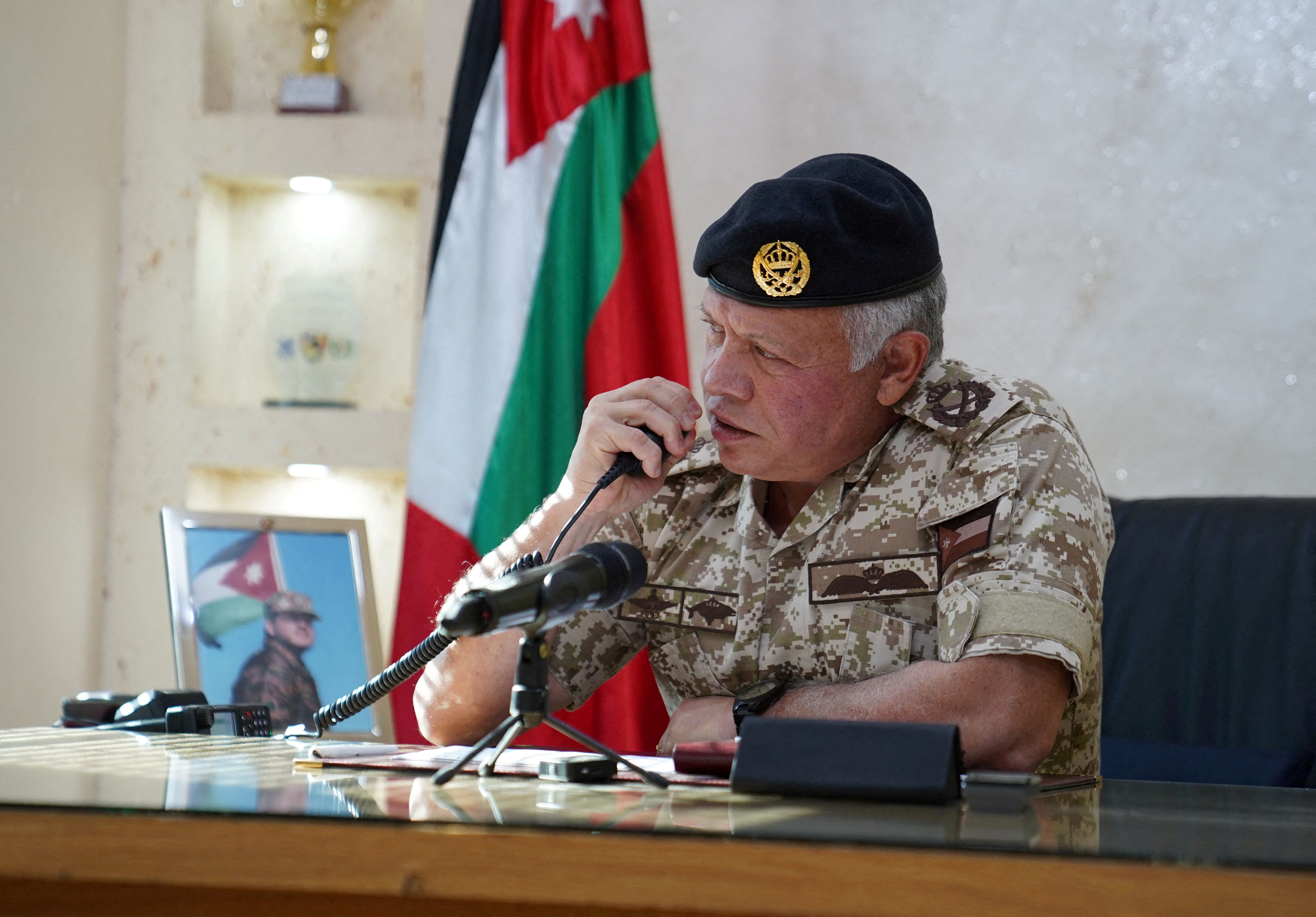 Jordan's King Abdullah II speaks during his visit to the Eastern Military Zone