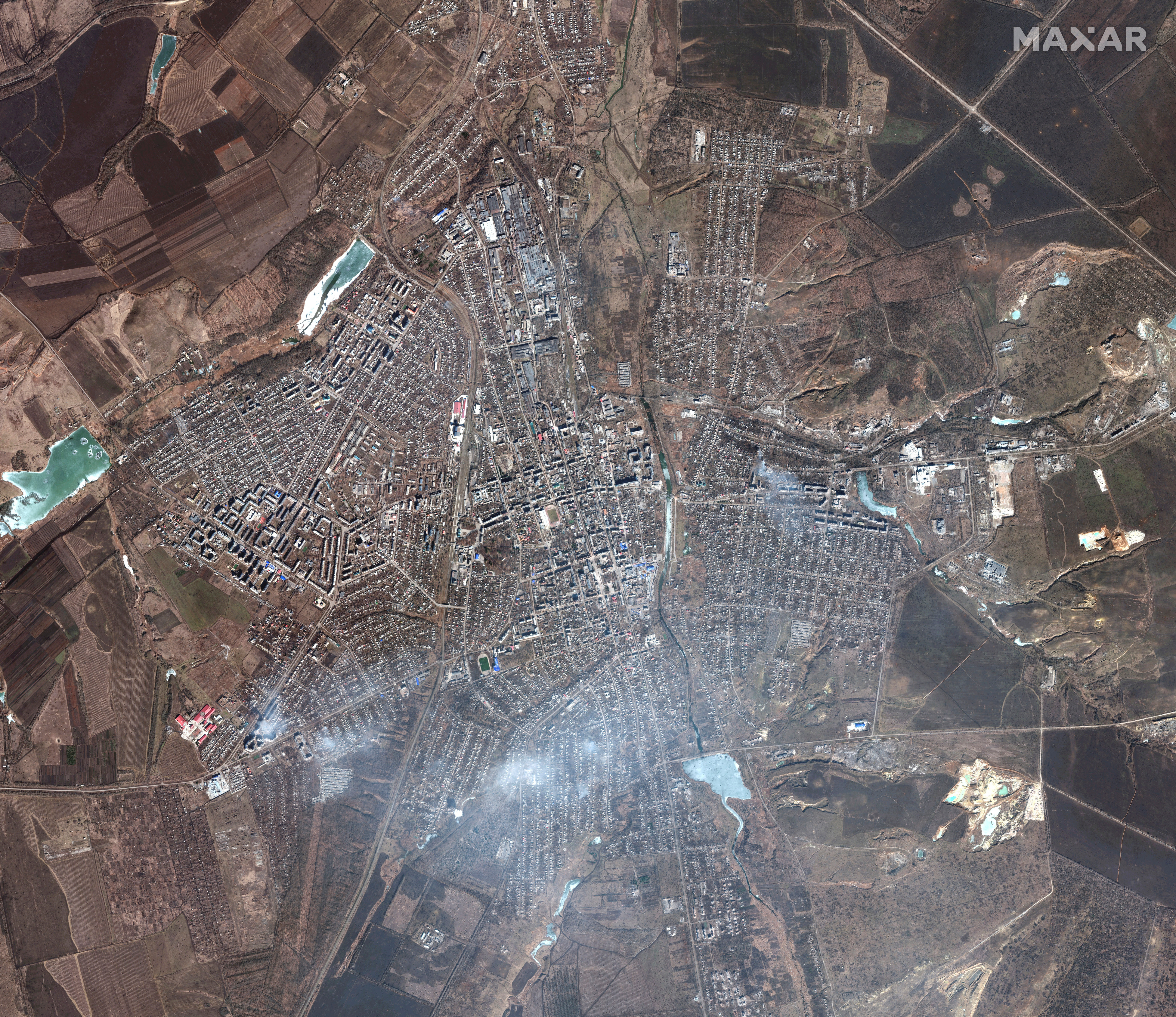 A satellite image shows an overview of Bakhmut