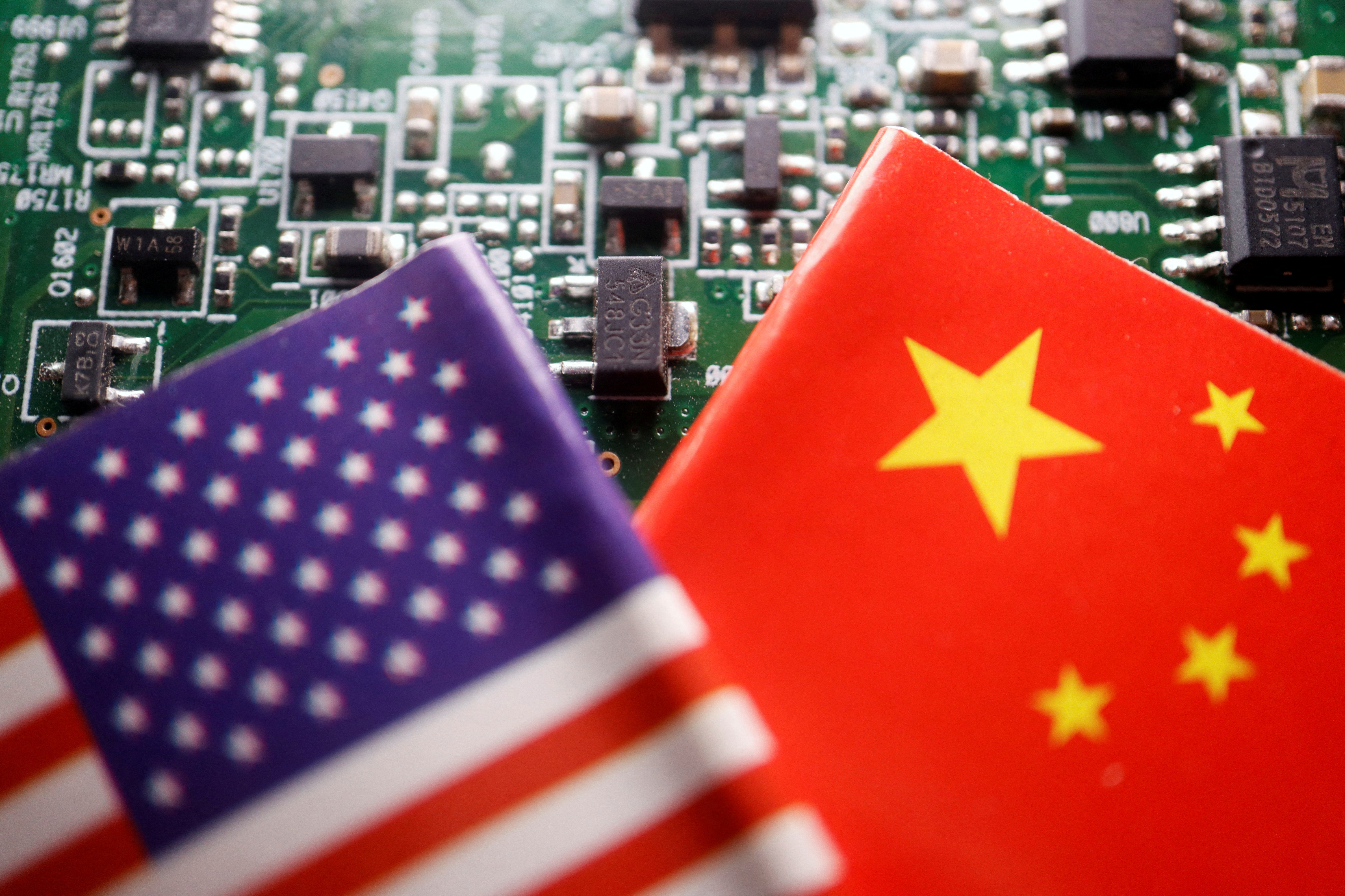Illustration picture of Chinese and U.S. flags with semiconductor chips