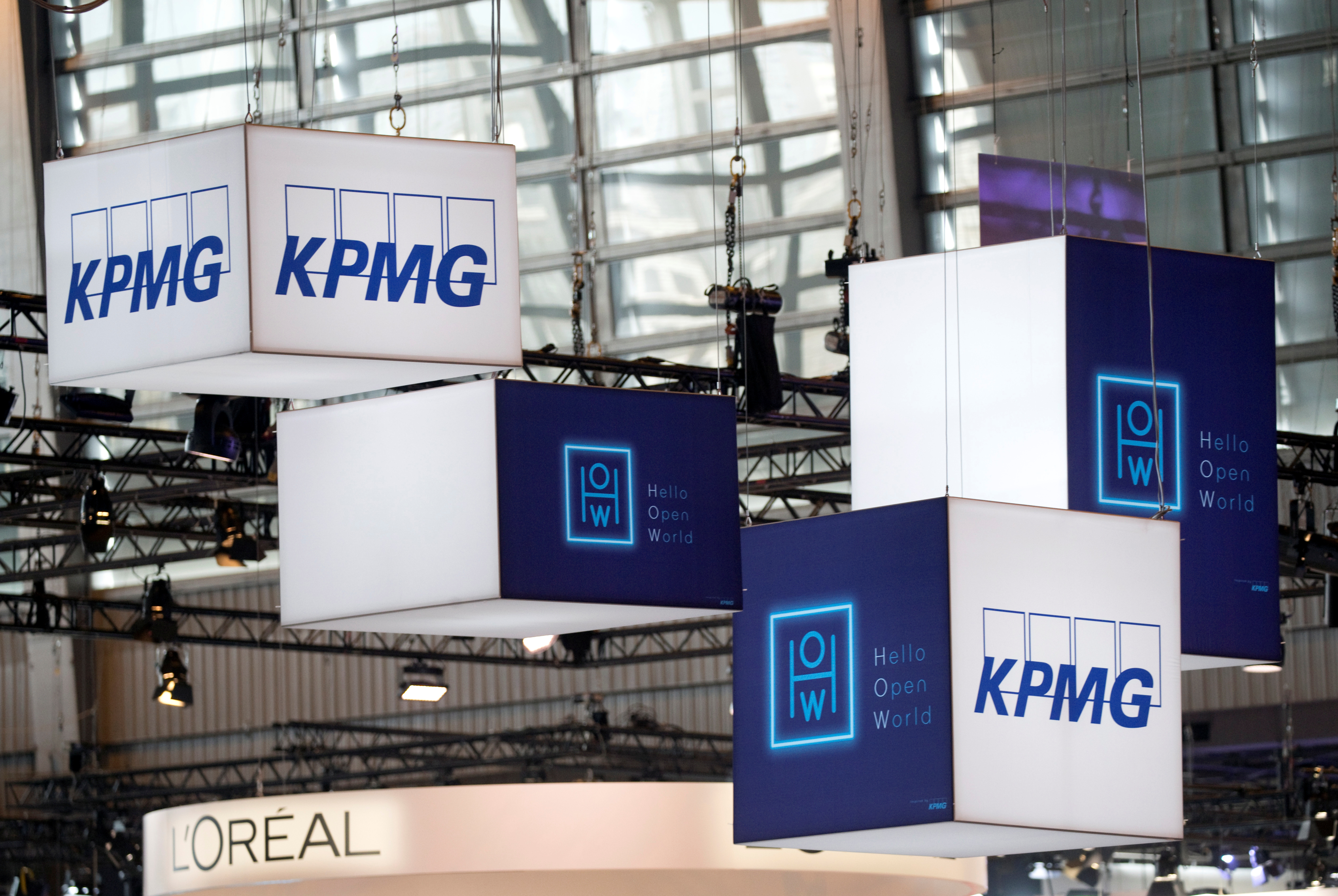The logo of KPMG, a professional service company is pictured during the Viva Tech start-up and technology summit in Paris