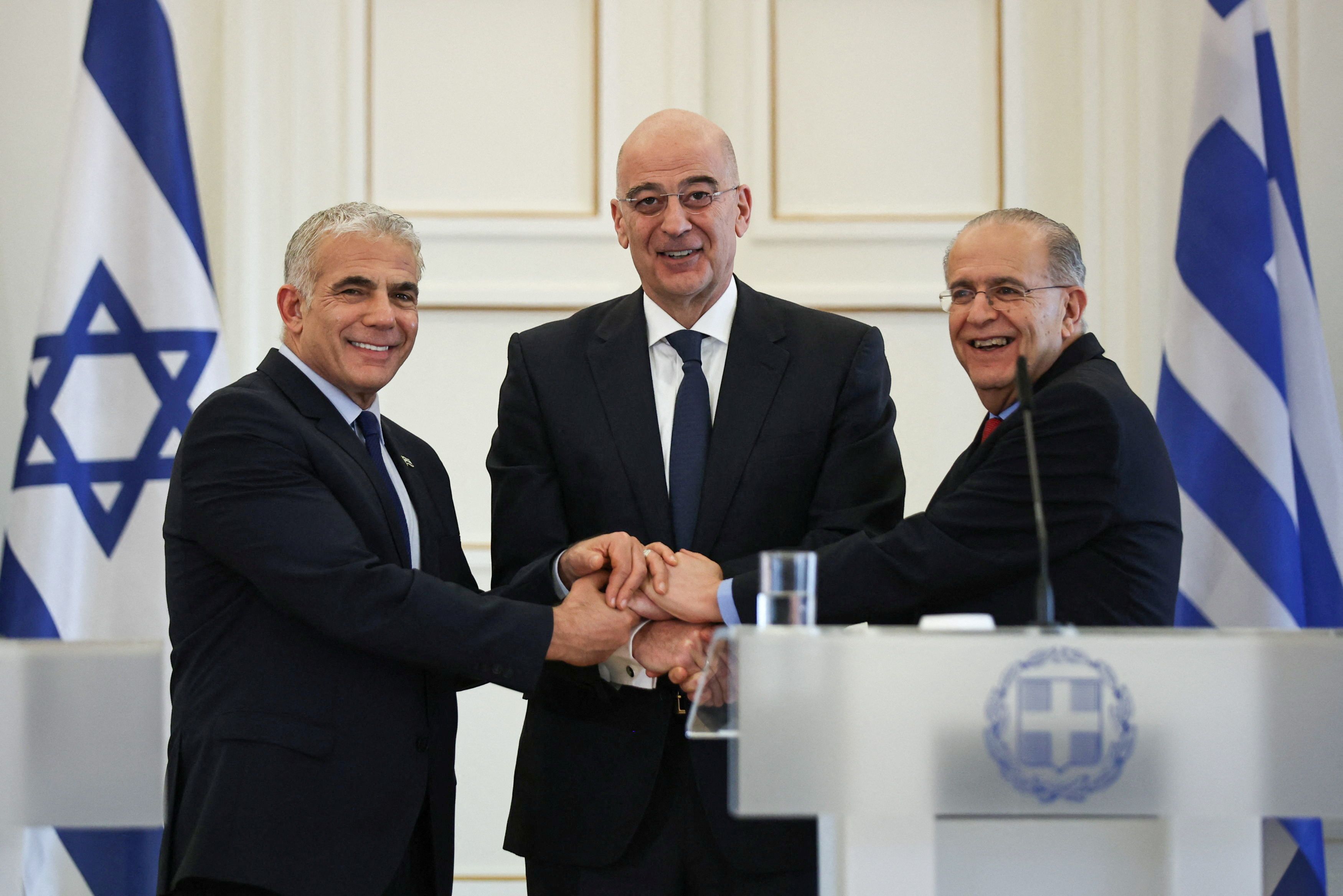 Greek Foreign Minister Nikos Dendias meets with his Israel and Cyprus counterparts, in Athens