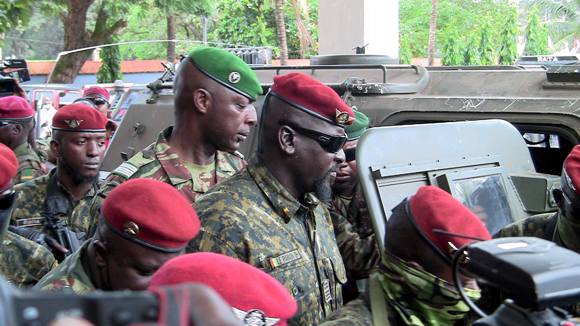 Special forces commander Mamady Doumbouya, who ousted President Alpha Conde, walks out after meeting envoys from the ECOWAS for the Guinea crisis to discuss ways to steer the country back toward constitutional regime, i