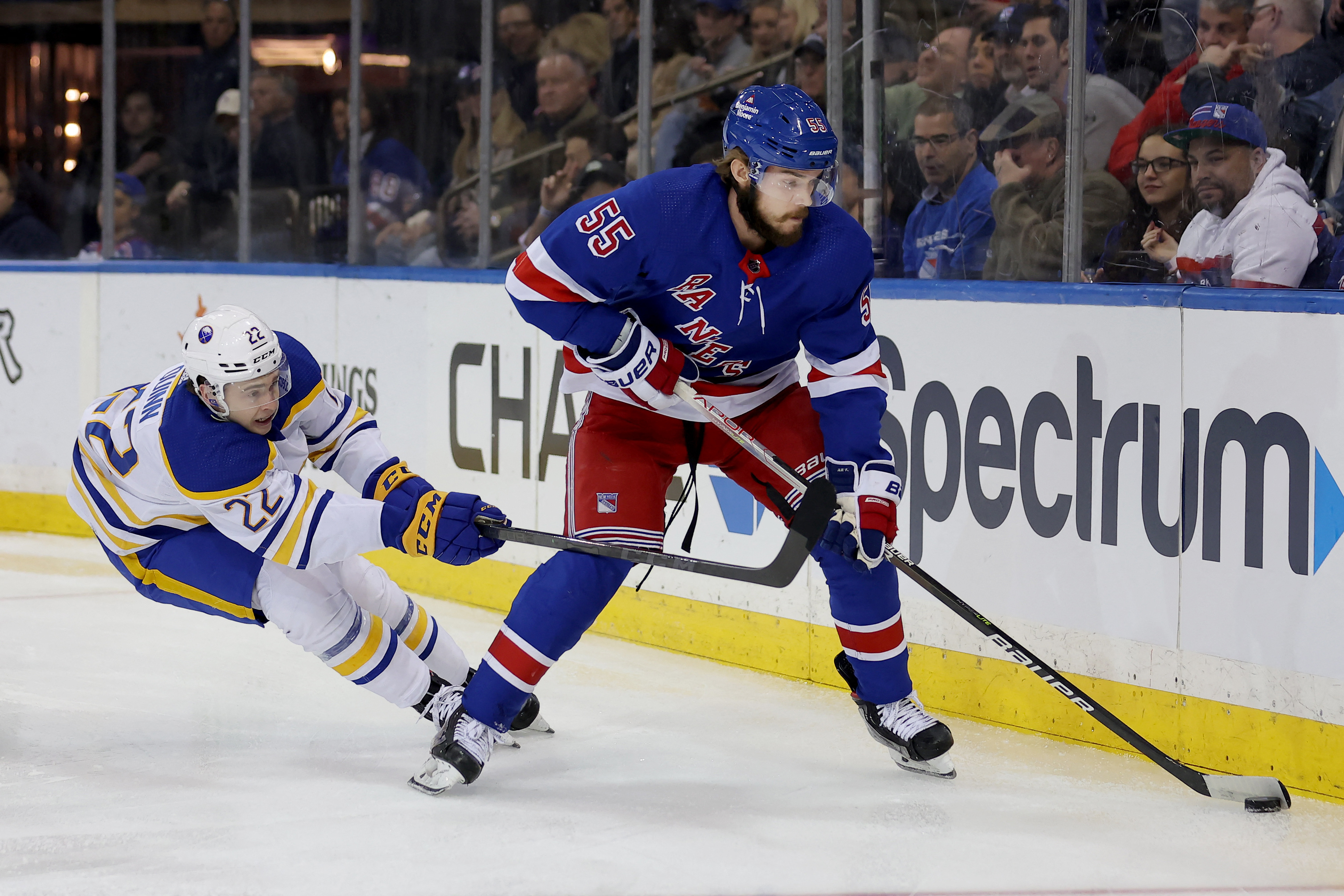 Buffalo Sabres right wing JJ Peterka (77) skates with the puck during the  second period of an NHL hockey game against the New Jersey Devils in Buffalo,  N.Y., Friday, March 24, 2023. (