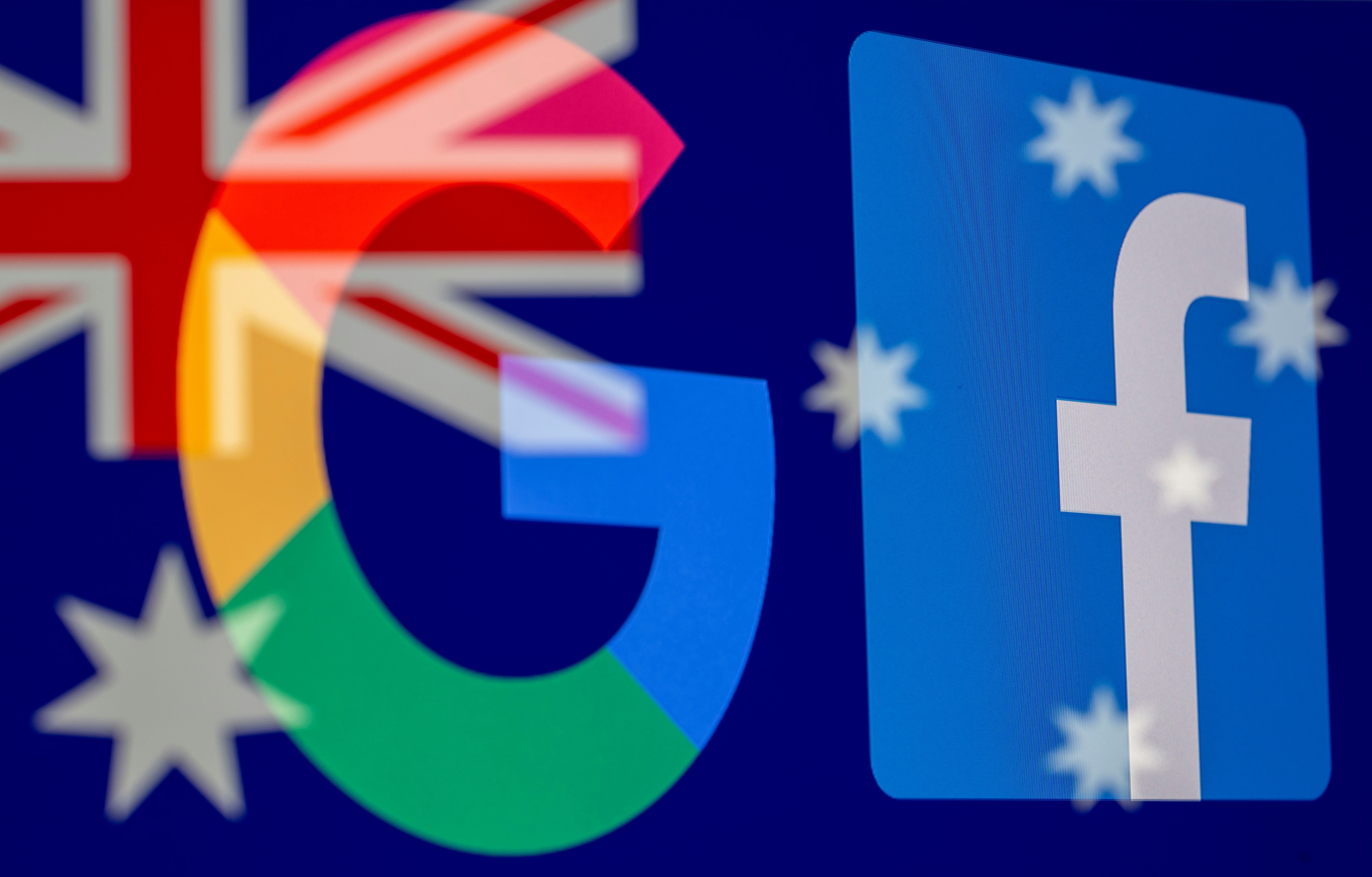 Google and Facebook logos and Australian flag are displayed in this illustration taken